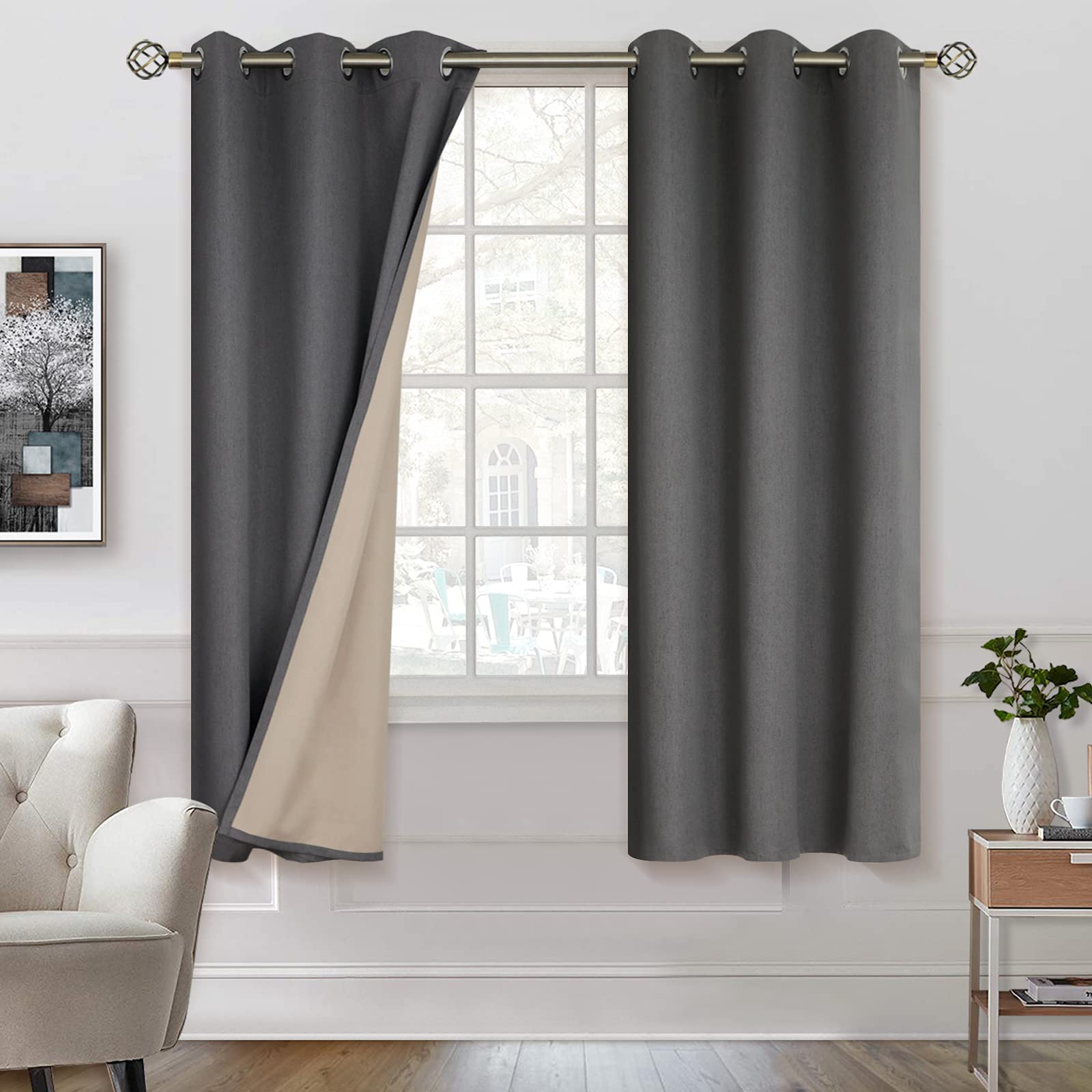 BGment 100% Blackout Thermal Insulated Curtains with Liner - 2 Panels Dark Grey Textured Linen Grommet Curtains 38x63 Inches for Bedroom & Living Room - Perfect for Light Blocking, Energy Saving and Privacy Protection
