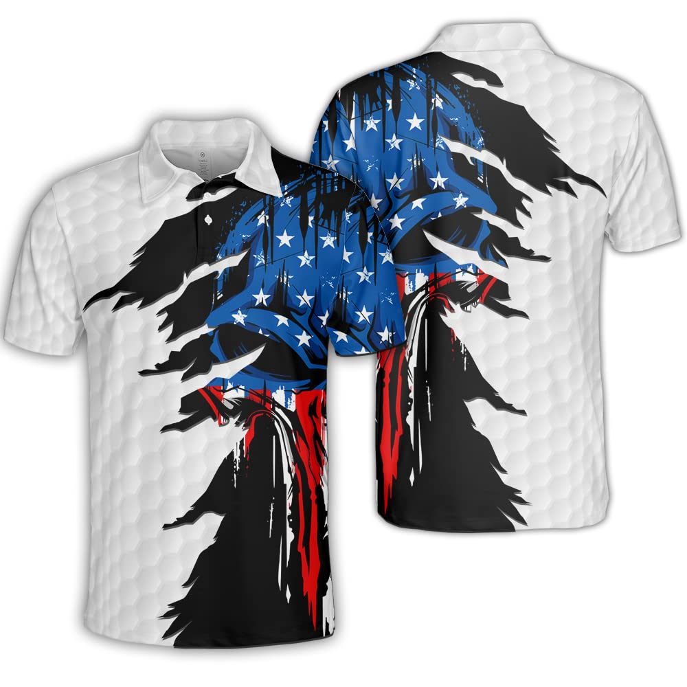 Polomore Men's Patriotic American Flag Polo Shirts - Short Sleeve Cotton Casual Shirt for Men - Perfect for 4th of July, Memorial Day & Veterans Day Celebrations
