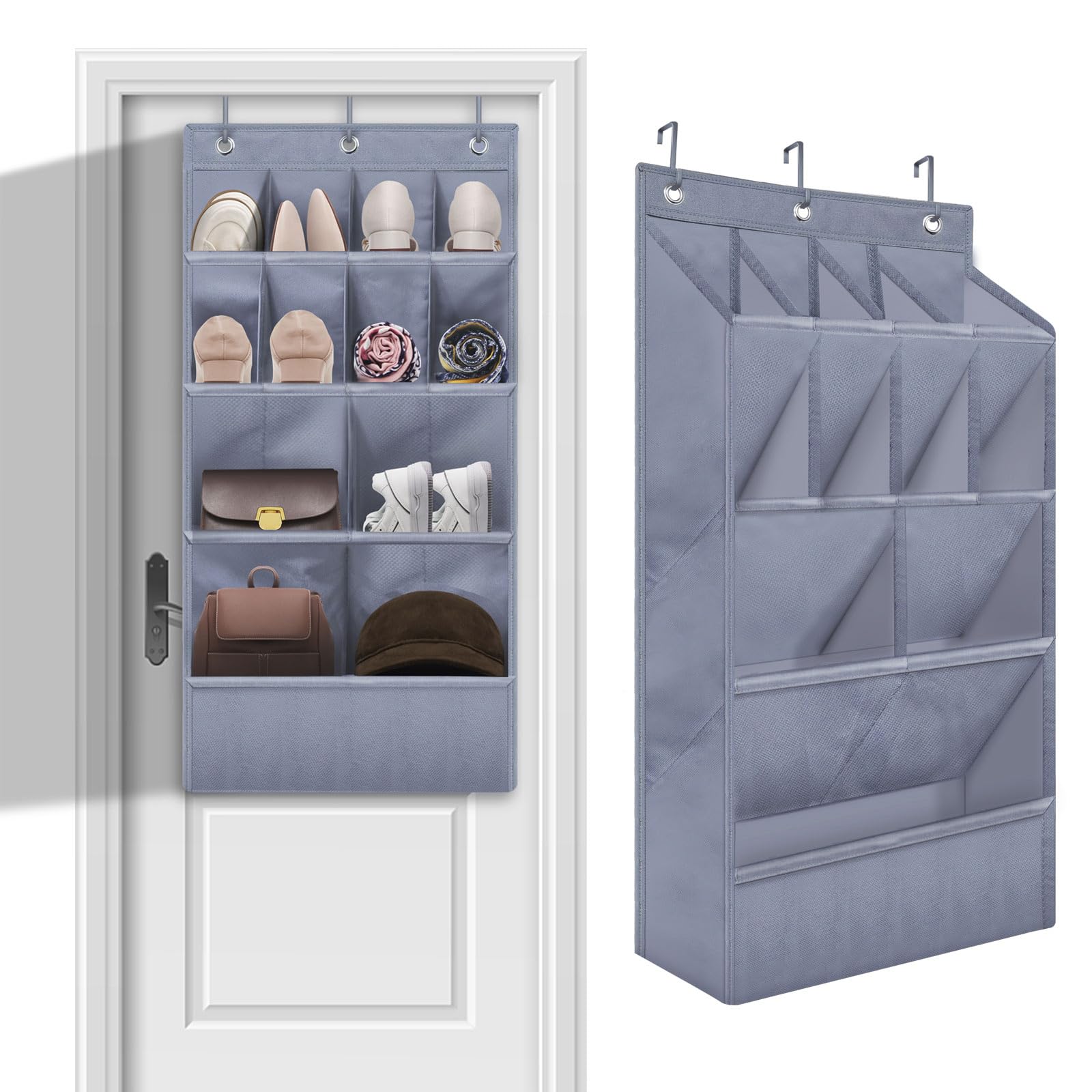 Over the Door Shoe Organizer with 11 Deep Pockets - Space Saving Closet Storage for Shoes, Accessories & Small Items - Perfect for Dorms, Apartments & Narrow Doors (Grey, 1 Pack) - Ideal for Bedroom, Bathroom & Entryway Organization