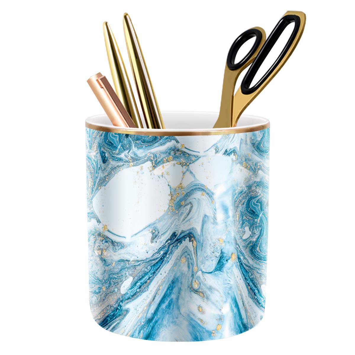 Waveyu Marble Ceramic Pen & Pencil Holder - Stylish Desk Organizer for Office & Classroom (Blue) | Durable Makeup Brush Cup & Stationery Storage | Perfect for Workspace Decor & School Supplies
