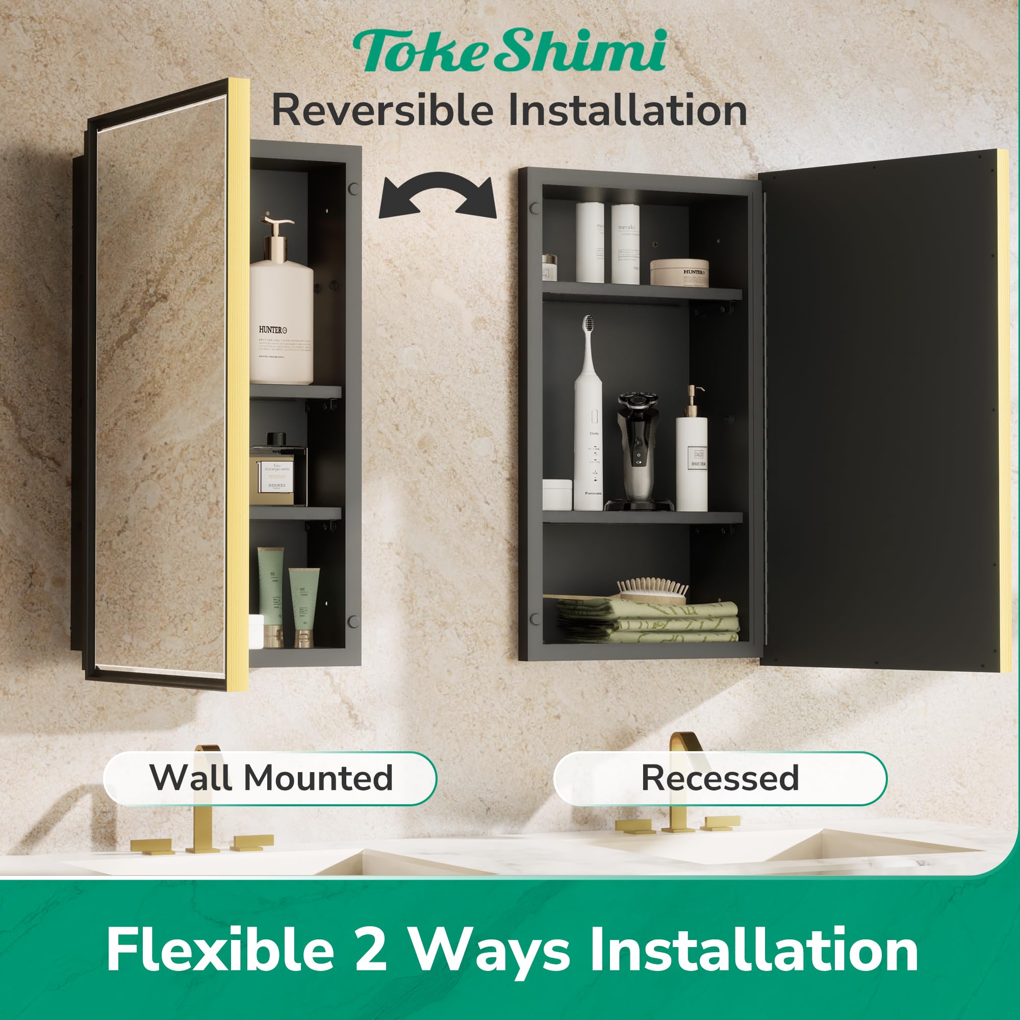TokeShimi 20x26 Inch Recessed Medicine Cabinet with Mirror - Wall Mounted Bathroom Storage, Aluminum Gold Framed Vanity Cabinet with Beveled Edge Mirror for Bathroom, Bedroom, or Powder Room Organization