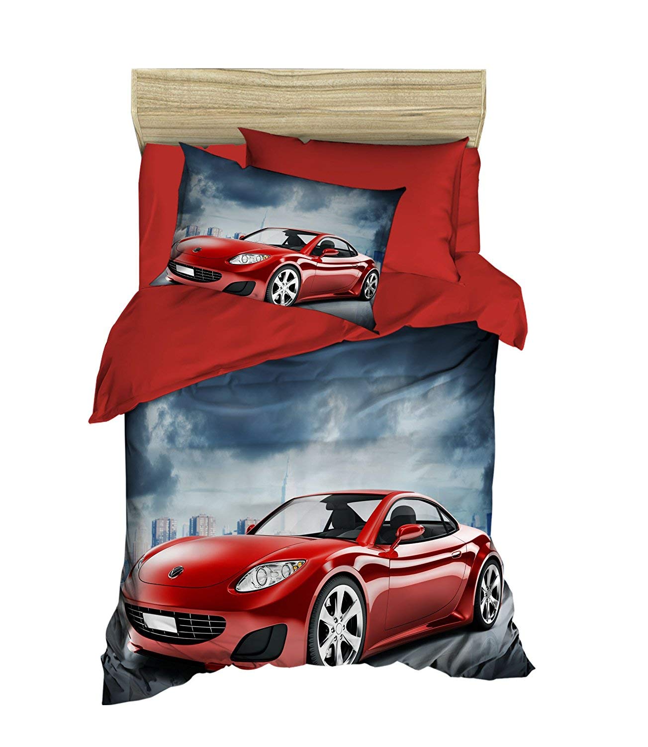 100% Cotton Red Car Themed Twin Size Bedding Set - 5 Piece Boys' Bed Set with Comforter, Duvet Cover & Quilt | Perfect for Kids' Rooms, Race Car Themed Decor & Birthday Gifts