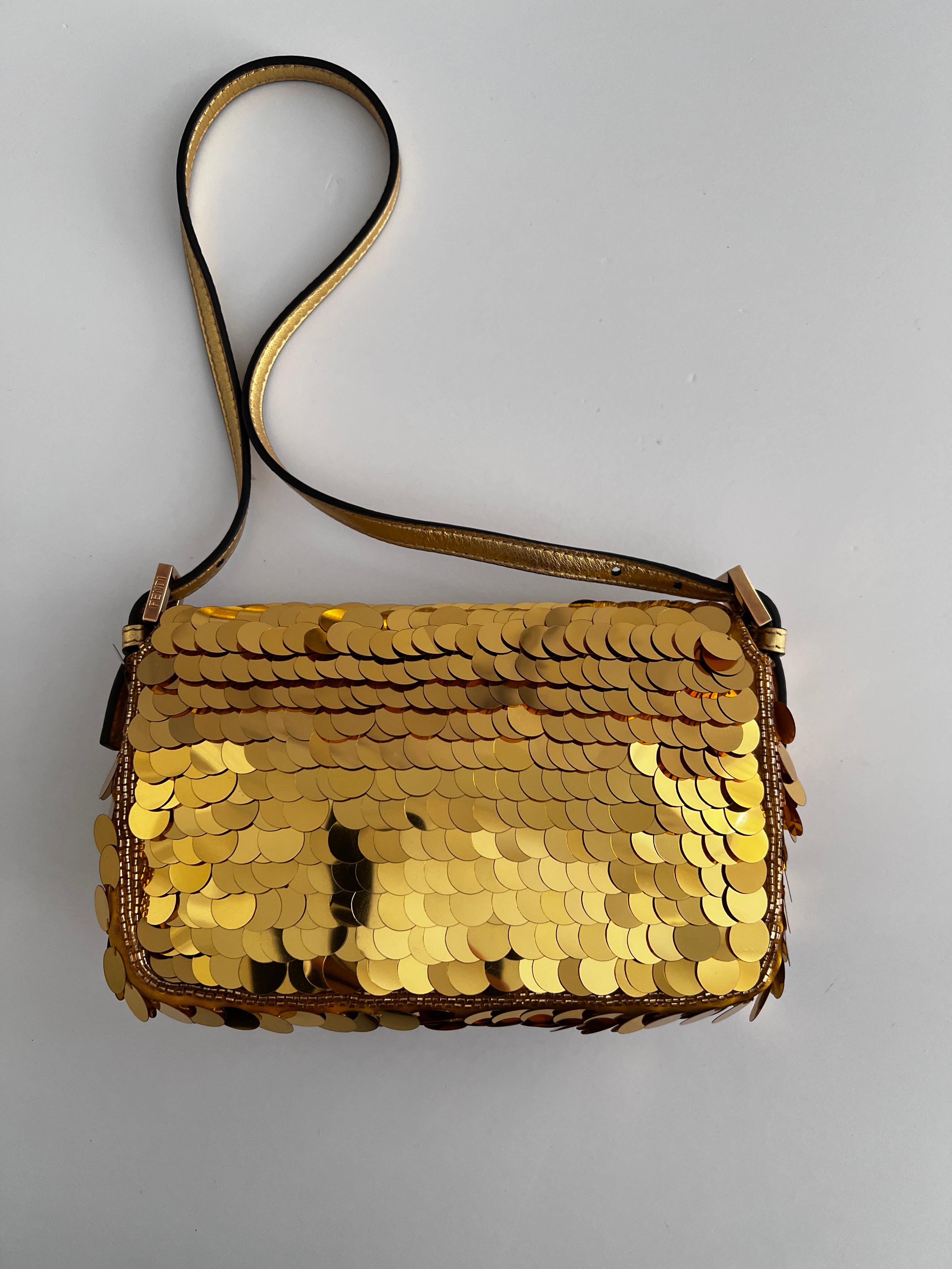 Vintage Fendi Mini Gold Paillettes Baguette Bag - Pre-Owned Luxury Shoulder Purse for Women | Perfect for Evening Parties, Weddings & Special Occasions