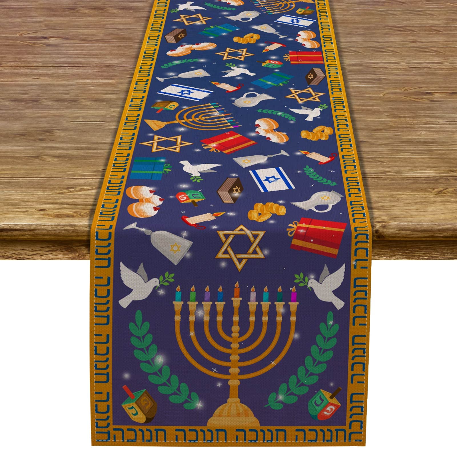 Linen Hanukkah Table Runner with Hebrew Menorah & Star of David - 13x72'' Jewish Chanukah Decor for Kitchen, Dining Room, and Holiday Celebrations