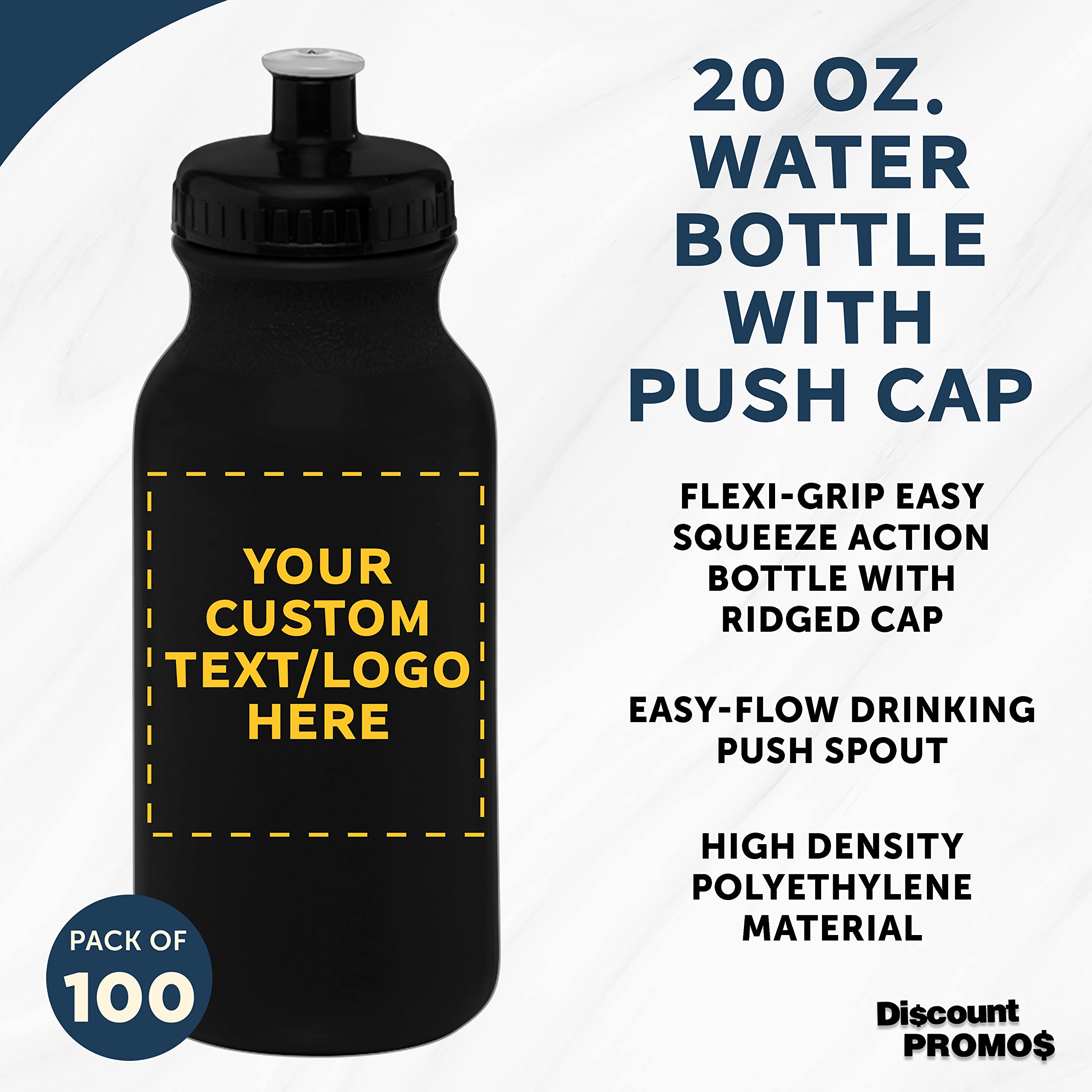Custom 20 oz. Water Bottles with Push Cap - Bulk Pack of 100 Personalized Sports Bottles - Ideal for Gym, Hiking, Camping & Outdoor Activities - Great for Team Events, Corporate Gifts & School Promotions - Black