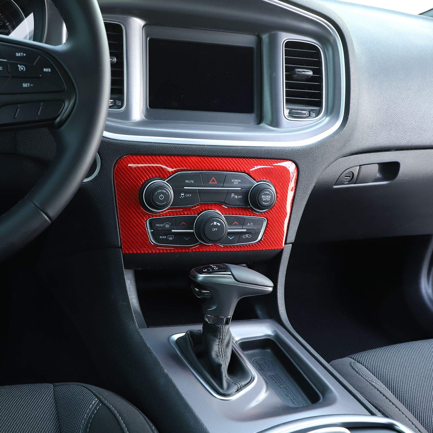 Premium Red Carbon Fiber Radio AC CD Switch Panel Trim for 2015-2019 Dodge Charger - 1pc Replacement Part - Perfect for Interior Upgrades & Custom Car Modifications