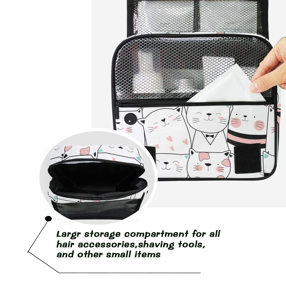 MOYYO Cute Cartoon Cat Travel Hanging Toiletry Bag - Waterproof Cosmetic Makeup Organizer Pouch for Women & Men - Perfect for Shower, Gym, Camping & Vacation Trips