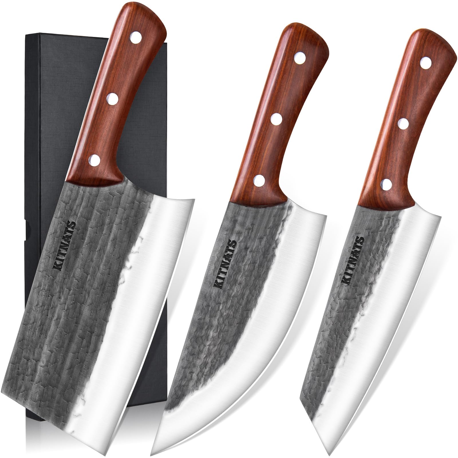 3PCS Premium Hand Forged Butcher Knife Set - Meat Cleaver & Kiritsuke Knife for Professional Meat Cutting | Perfect for Home Kitchen, Outdoor Cooking, Camping BBQ & Gift for Men
