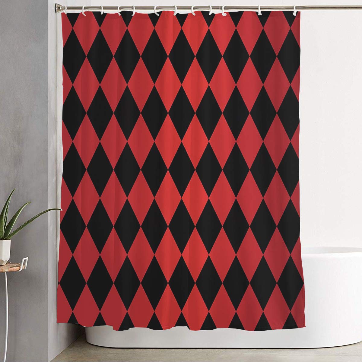 Harlequin Rhombus Red & Black Shower Curtain - Waterproof Bathroom Decor with Hooks, 72x78 Inch | Abstract Diamond Texture for Festive & Modern Bathroom Style