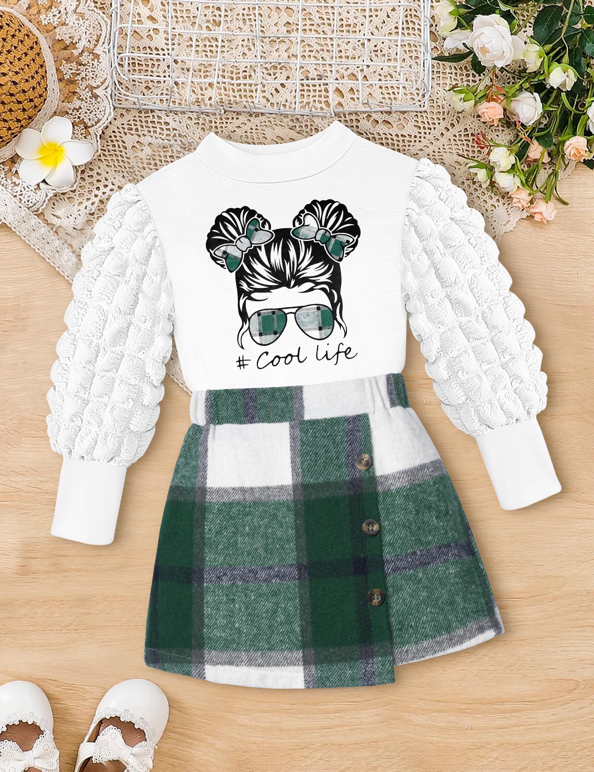 **Toddler Girl Clothes 2-Piece Set - Turtleneck Puff Sleeve Top & Plaid Mini Skirt | Fall Winter Outfits for Girls | Playdate & Holiday Wear**