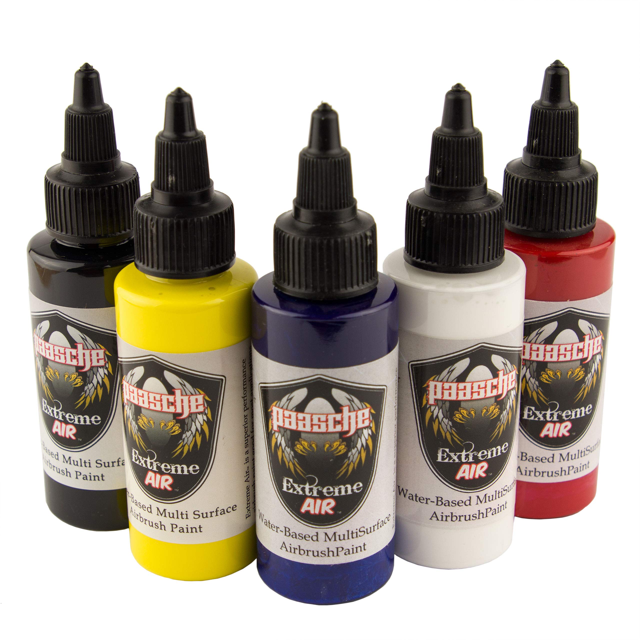 Paasche Airbrush Extreme Air Paint Set - 5 Bottles (2-Ounces Each) of Black, White, Red, Blue & Yellow Acrylic Paint for Artists, Hobbyists & DIY Projects - Perfect for Model Painting, Crafting & Airbrush Art