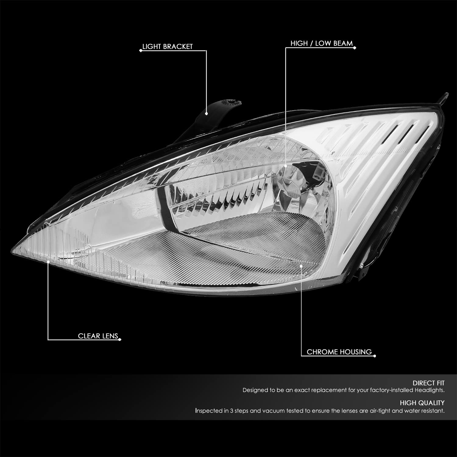 DNA MOTORING HL-OH-FF03-CH-CL1 Pair of Chrome Housing Clear Lens Headlights for 2003-2004 Ford Focus - Clear Reflector, Direct Fit Replacement - Perfect for Night Driving & Car Upgrades