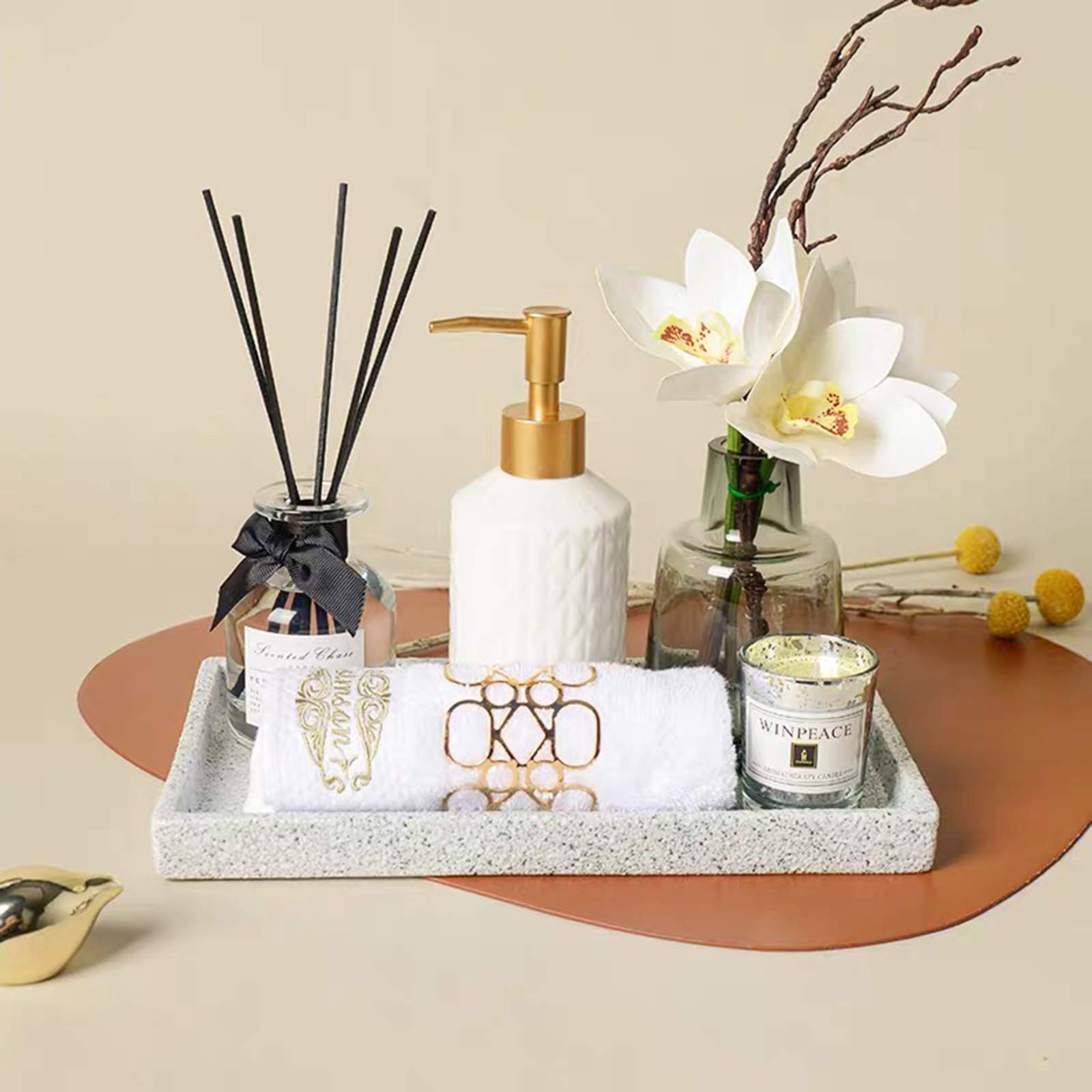 Premium Porcelain Marble Bathroom Tray - Large Rectangle Vanity Organizer for Jewelry, Perfume & Keys | Ceramic Countertop Decor with Non-Slip Base | Perfect for Sink, Dresser & Bathroom Counter Organization