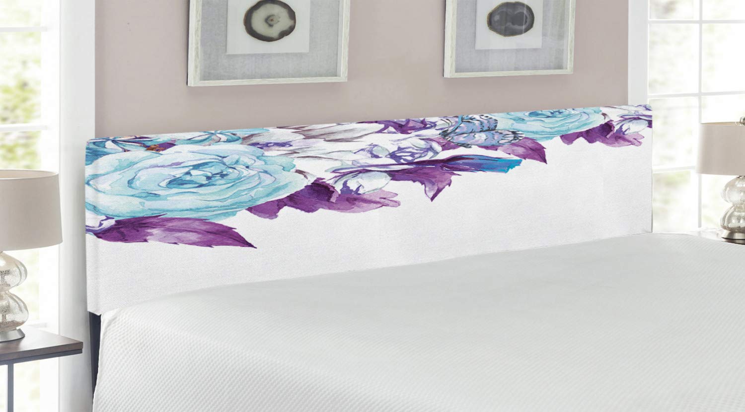 Ambesonne Floral Headboard King Size - Vintage Classic Flower Petals Design, Upholstered Decorative Metal Bed Frame with Memory Foam in Pale Blue Purple | Perfect for Bridal Wedding, Romantic Bedroom & Shabby Chic Decor