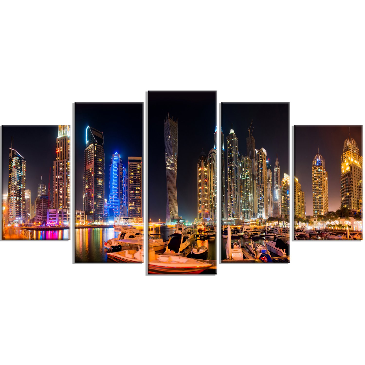 Modern Dubai Skyline Metal Wall Art - 5 Panel Cityscape Photography Decor - 60x32 Inches - MT7109 - Perfect for Living Room, Office & Home Decor
