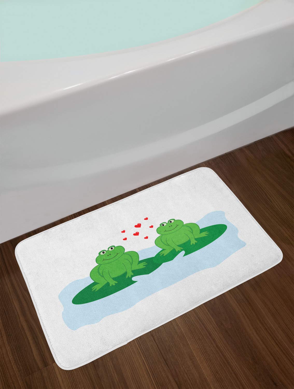 Ambesonne Non-Slip Plush Bath Mat - Romantic Frogs on Lake Leaves Cartoon Design, 30.2 x 20 Inches, Pale Blue & White - Perfect for Bathroom Decor, Wedding Gift, or Cozy Home Upgrade