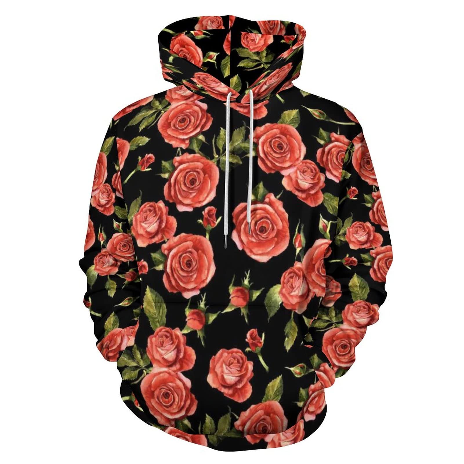 Wildflower Rose Print Hoodie with Pocket for Men & Women - Cozy Fleece Pullover for Casual Wear, Street Style & Outdoor Activities