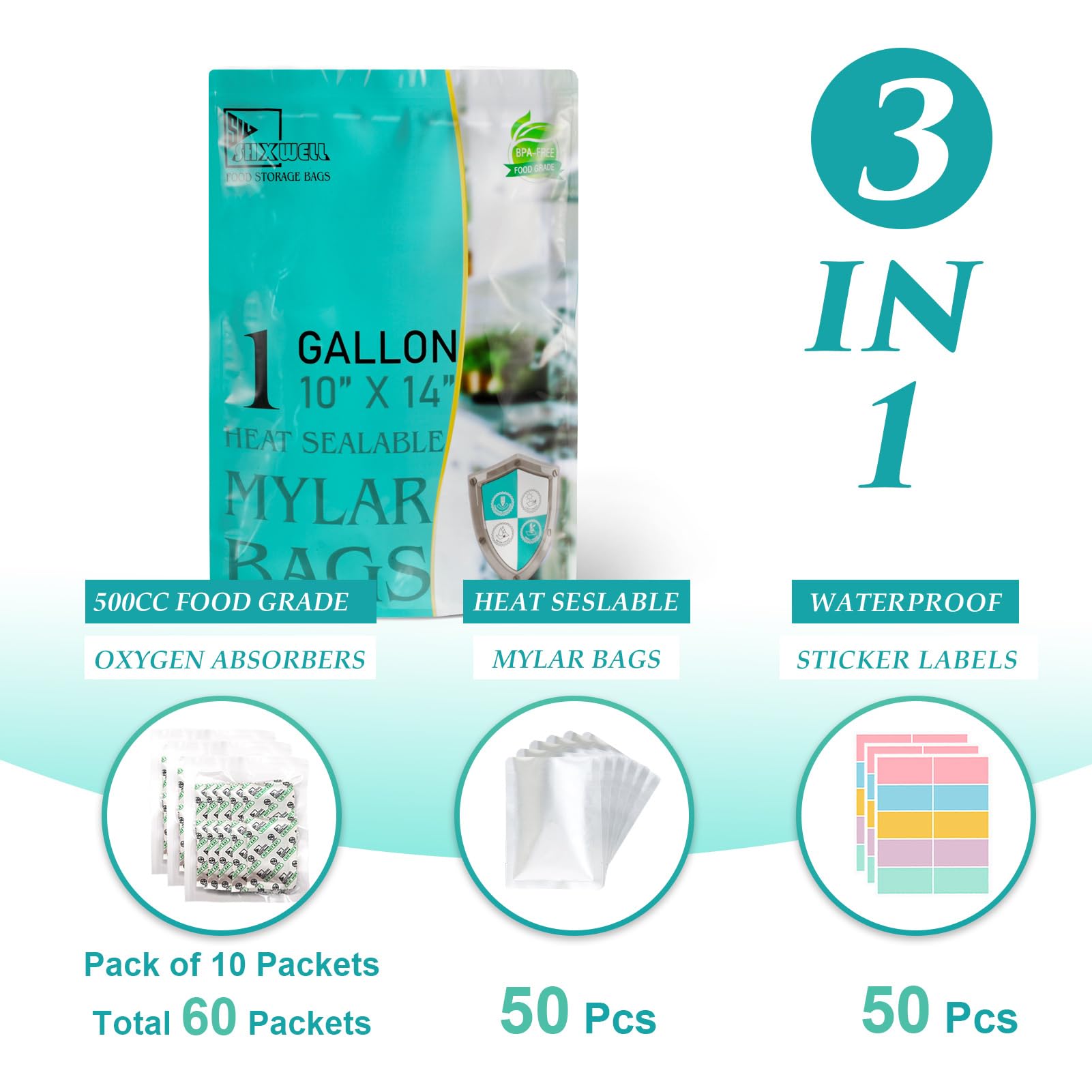 50pcs 1 Gallon Mylar Bags for Food Storage with Oxygen Absorbers 500CC (6 Packs of 10pcs) and Labels - 9.5 Mil 10