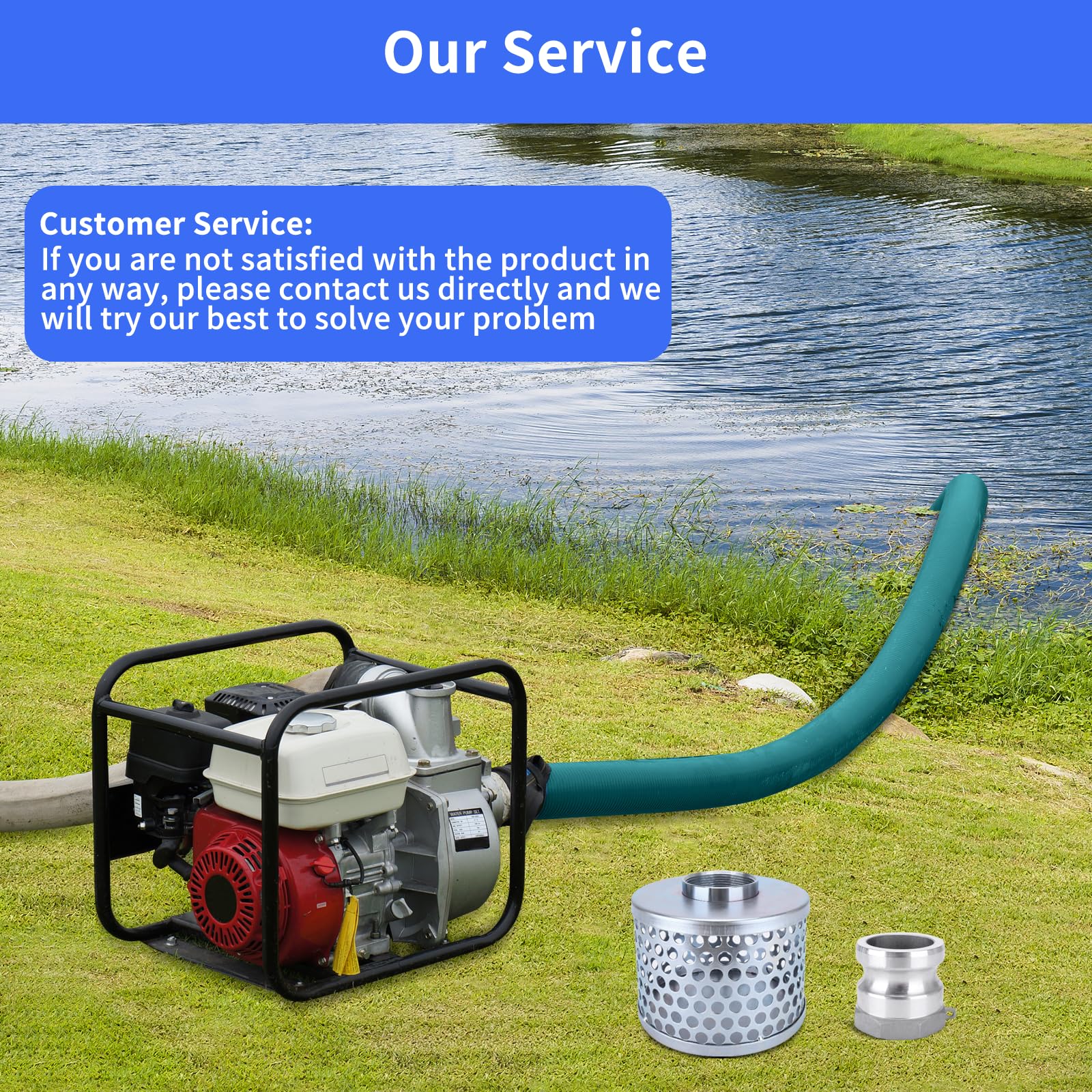 2 Inch Suction Hose Pump Kit - 20ft Green PVC Water/Trash Pump Hose with Aluminum Strainer & Cam Adapter - Ideal for Drainage, Flood Control, and Liquid Transfer Applications
