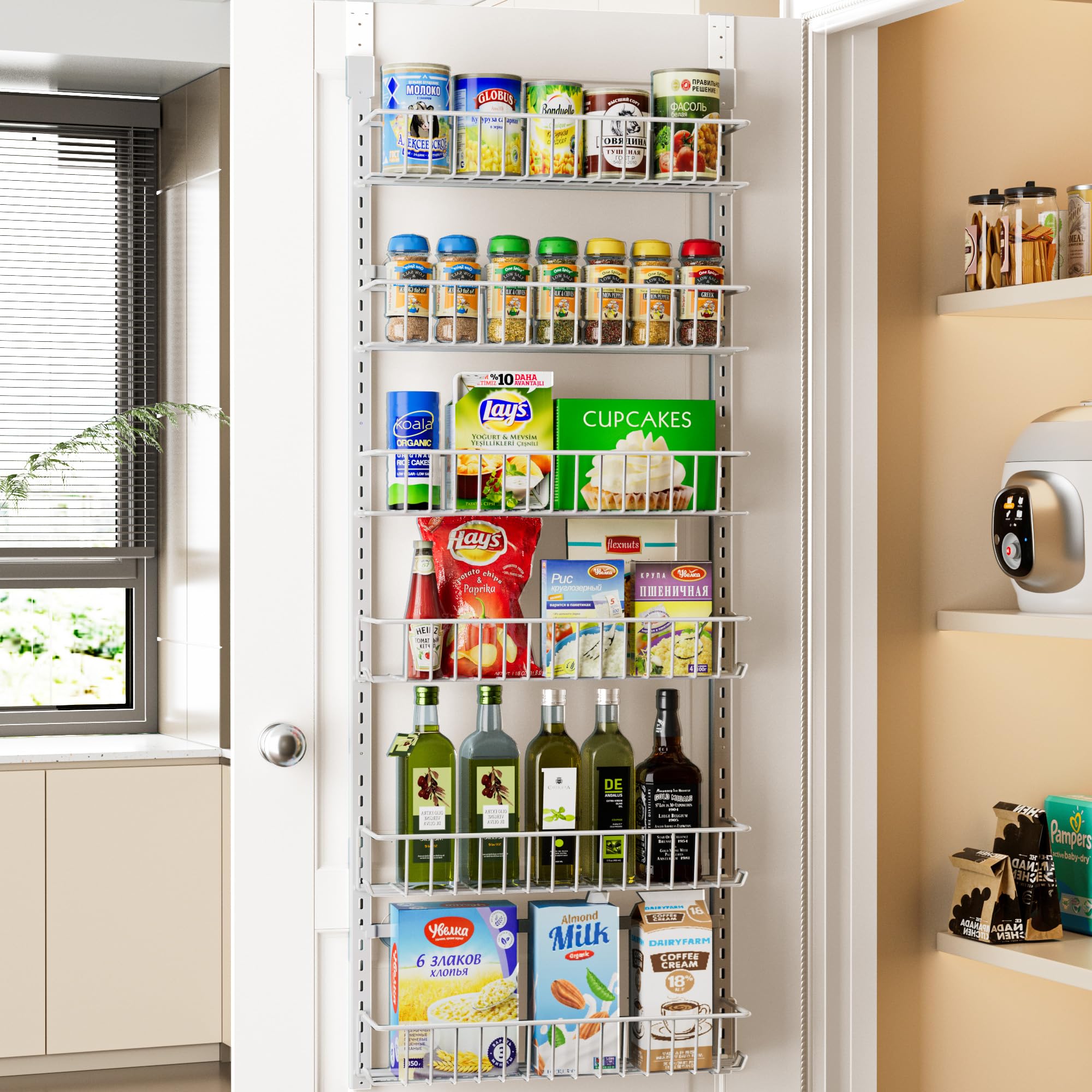 Delamu 6-Tier Adjustable Metal Over The Door Spice Rack Organizer - Hanging Cabinet Door Storage Shelf for Kitchen Pantry, Bathroom & Laundry Room - White (Perfect for Small Space Organization & Spice Storage)