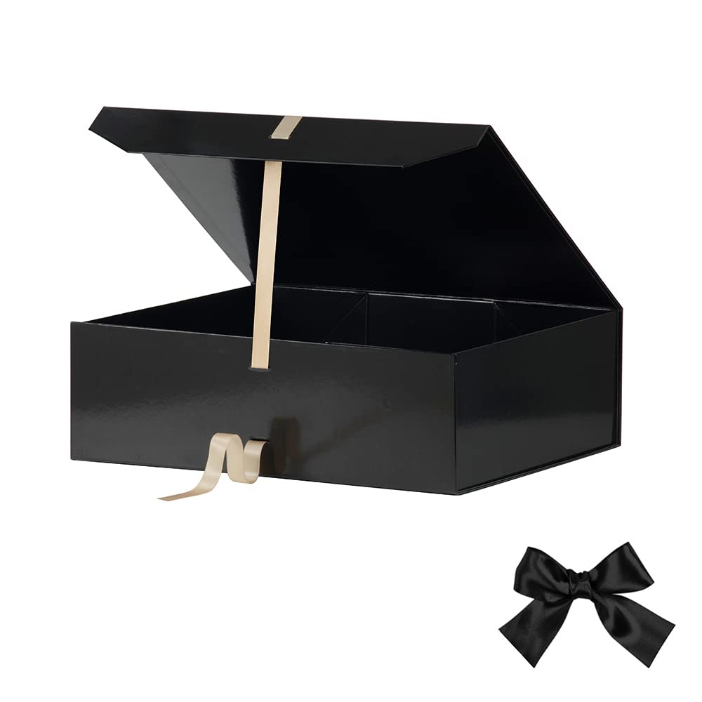 Extra Large 16x14x5.3 Inches Black Gift Box with Ribbon & Magnetic Closure Lid - Elegant Rectangle Collapsible Gift Box for Clothes, Groomsman Proposal, Jewelry, Wedding Favors & Special Occasions (Glossy Black)