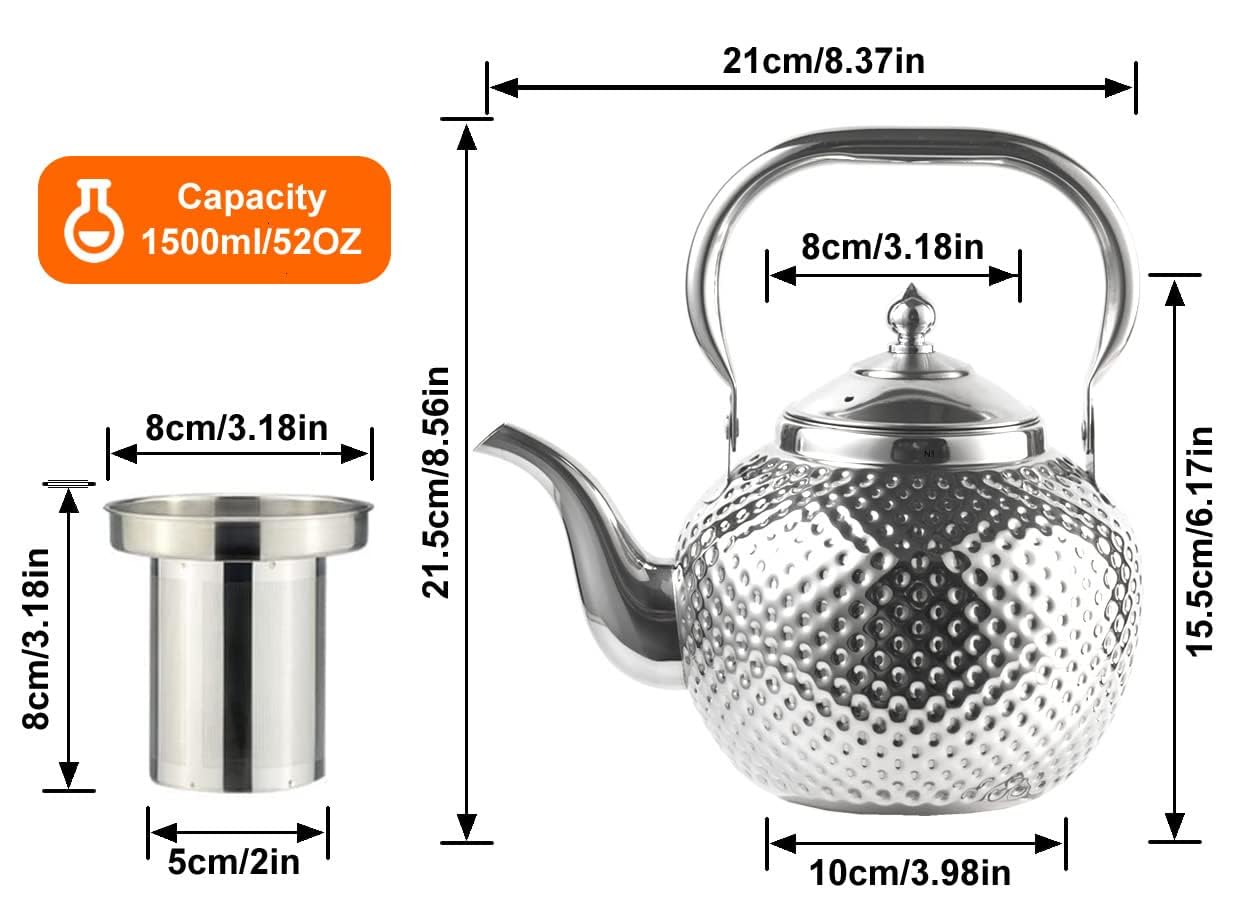 SANQIAHOME 1500ml Stainless Steel Teapot with Infuser - Induction & Gas Compatible Tea Kettle with Ergonomic Handle - Perfect for Home, Office, and Tea Ceremonies