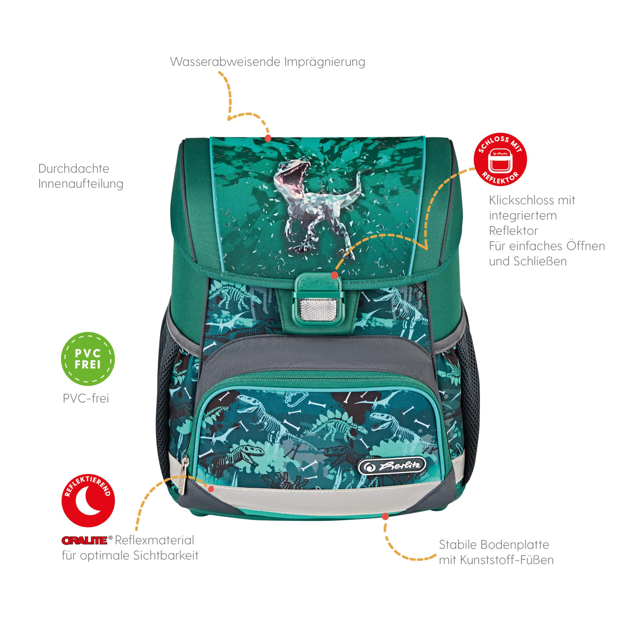 Herlitz Loop Plus Green Rex School Backpack for Kids - Lightweight, Durable & Ergonomic Design - Perfect for Elementary Students, Day Trips & Outdoor Adventures