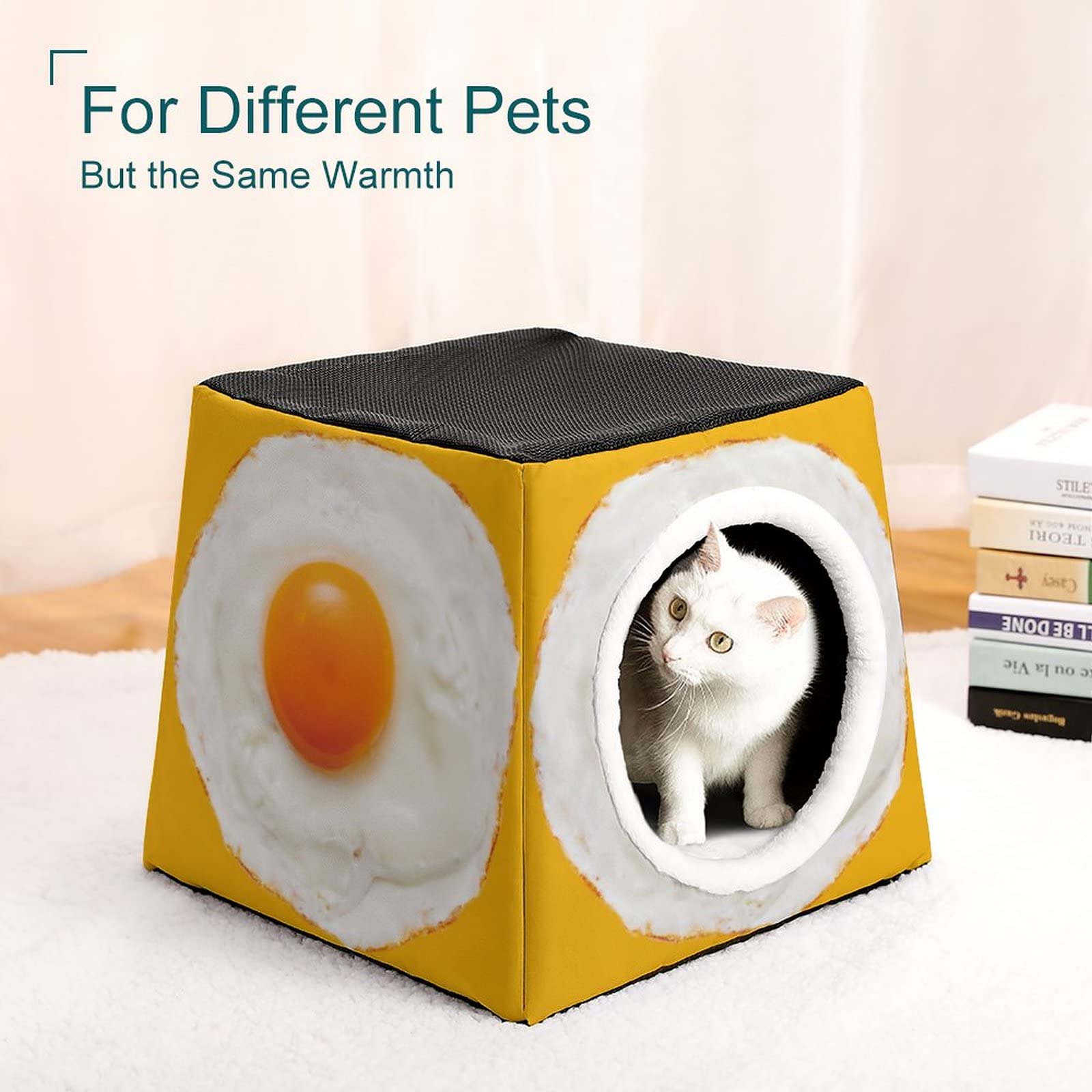 Printed Cat Cube Kitty House - Indoor Cat Bed & Small Dog Shelter - Warm & Cozy Fried Egg Design Pet Sofa for Living Room, Bedroom & Play Areas