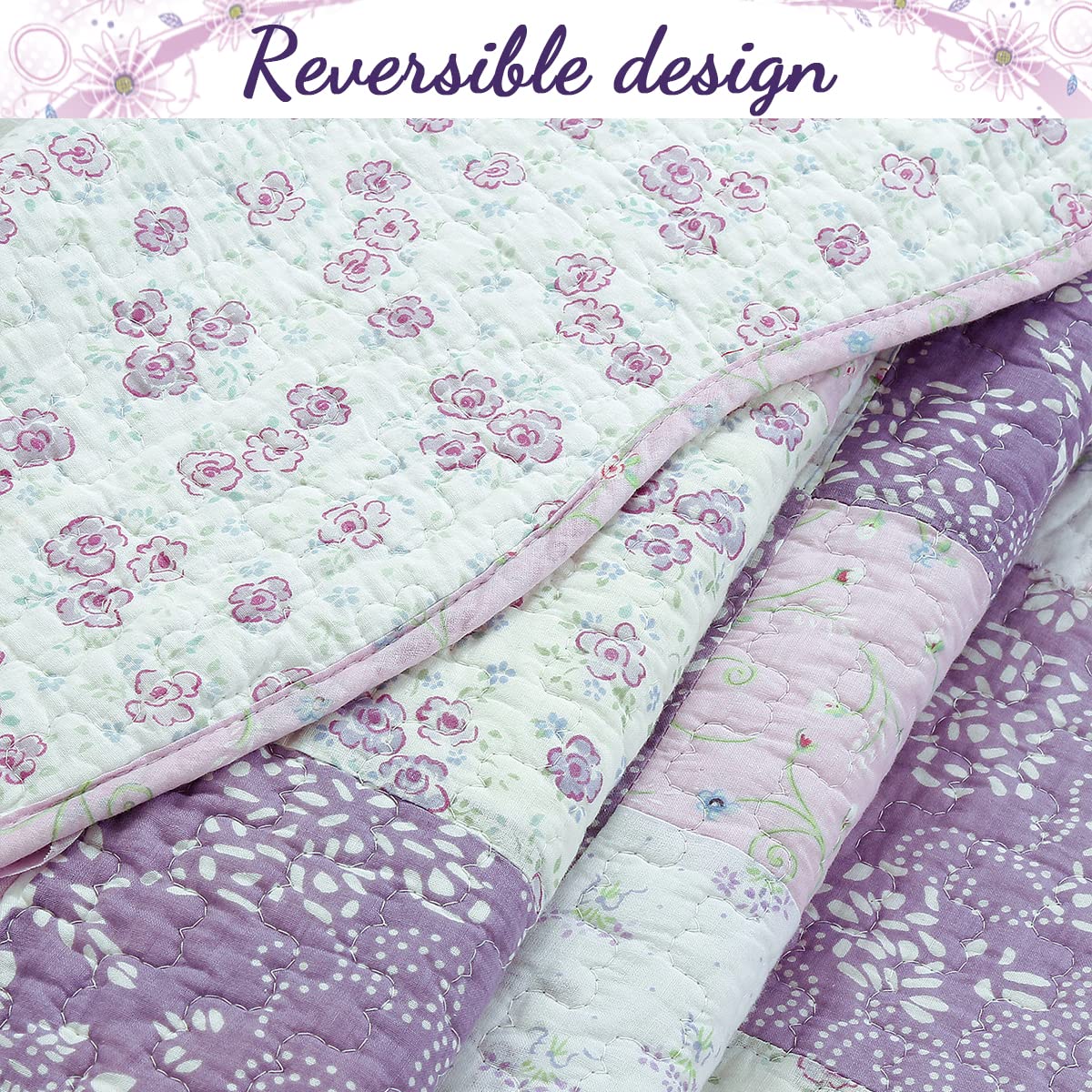 Light Purple Floral 100% Cotton Reversible Patchwork Quilt Set - Queen Size 3-Piece Bedding | Cozy Line Home Fashions | Perfect for Master Bedrooms, Guest Rooms & Cozy Farmhouse Decor