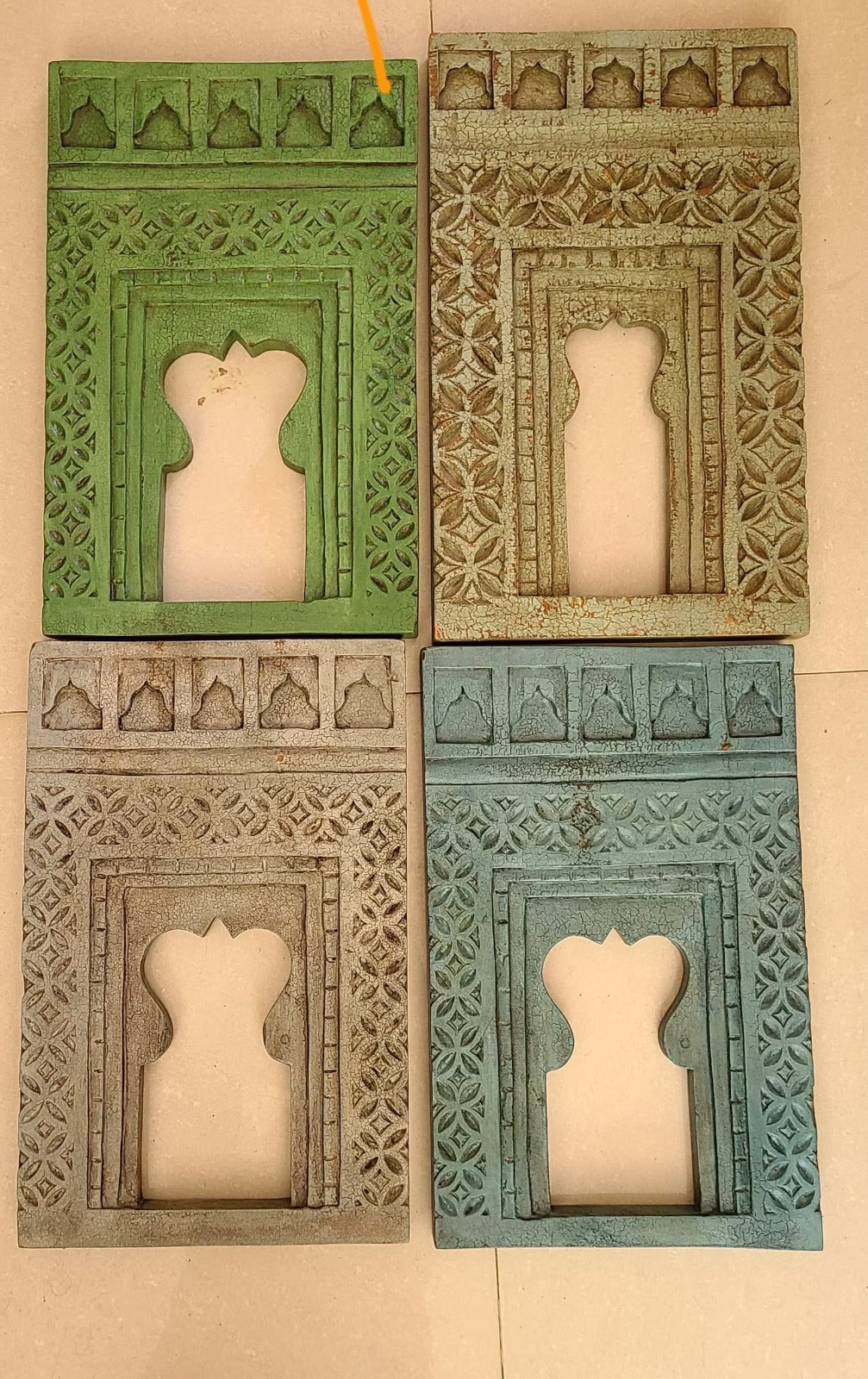 Hand Carved Indian Solid Wood Temple Mirror Wall Decor Set of 4 - Traditional Home Decor for Living Room, Bedroom & Entryway - Perfect for Boho, Ethnic & Spiritual Interior Design