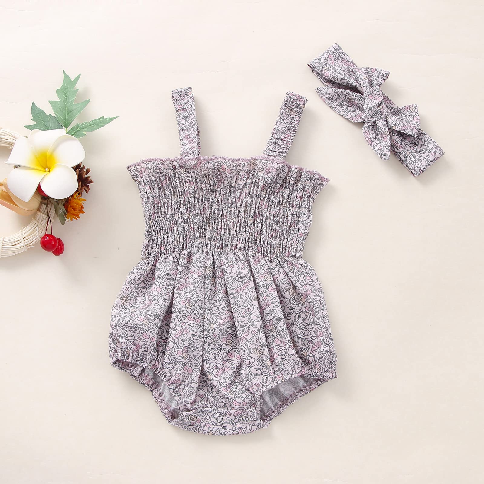 Newborn Baby Girls Floral Strappy Sleeveless Romper Bodysuit with Headband - Ruffle Jumpsuit Sunsuit for Summer - Perfect for Outdoor Play, Beach Trips & Photoshoots