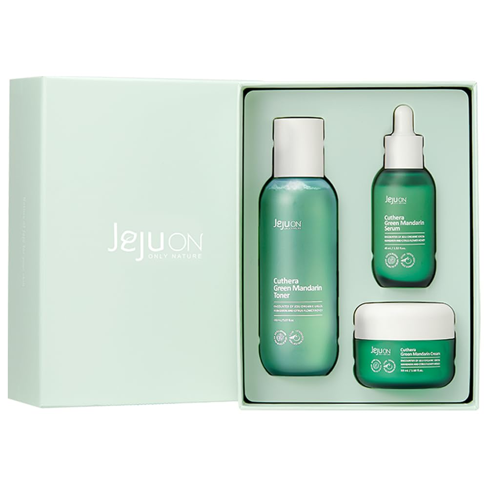 Cuthera Green Mandarin 3-Piece Korean Skincare Set - Essence Toner, Serum & Cream with Citrus Scent | Jeju Natural Vitamin-Rich Hydration, Pore Tightening & Skin Calming | Oil-Water Balance Care for Dry, Sensitive & Combination Skin | Daily Skincare Routine & Nighttime Moisturizing