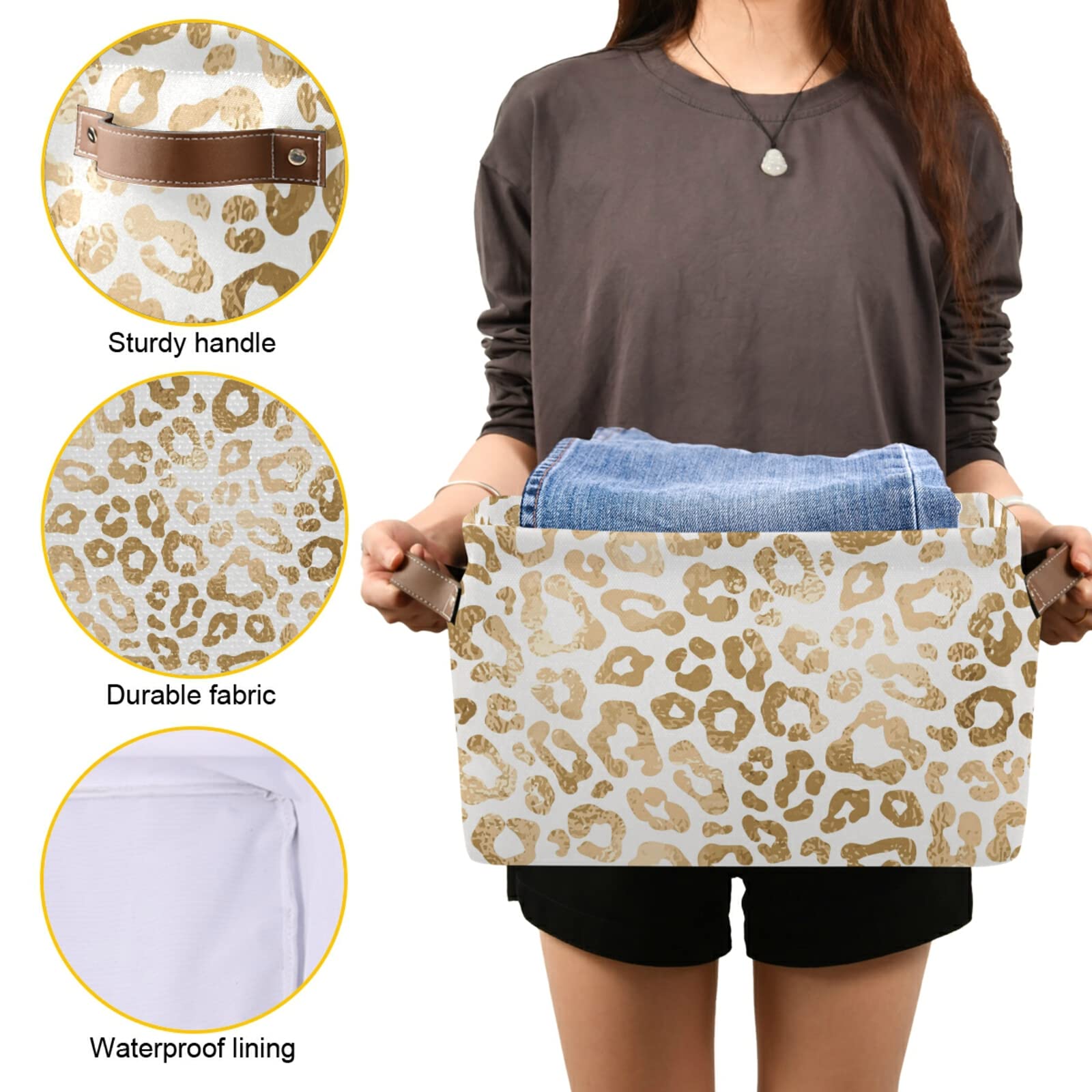 Golden Leopard Print Collapsible Storage Basket with Leather Handles - Foldable Rectangular Storage Bin for Home Organization, Office Supplies & Closet Storage | Perfect for Bedroom, Bathroom & Laundry Room Organization