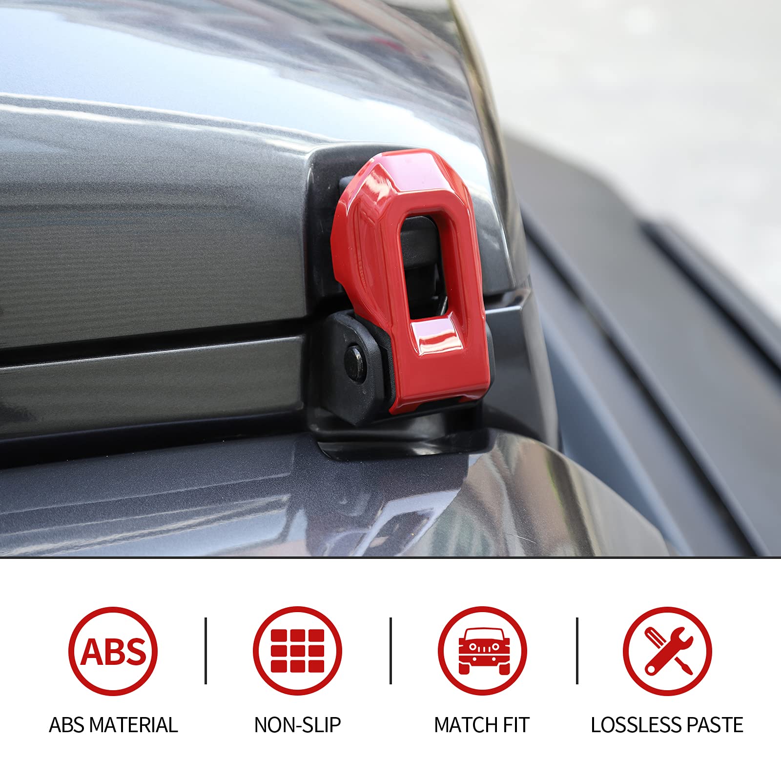 Jeep Hood Lock Latches & Catch Brackets Cover - Red External Accessories for 2018-2021 Wrangler JL/JLU & 2020-2021 Gladiator JT - Durable Protection & Stylish Upgrade for Off-Road Adventures