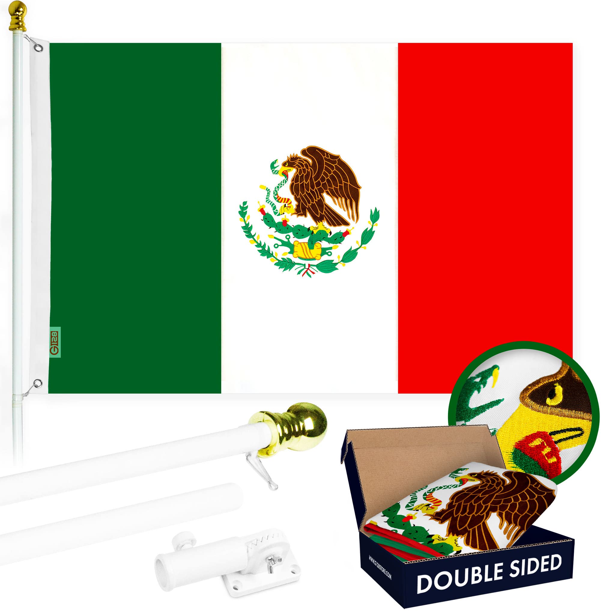 5FT Spinning Flagpole with 2x3ft Double Sided Mexico Flag - White Aluminum Pole with Brass Grommets, Embroidered Design for Outdoor, Garden, and Patriotic Decor