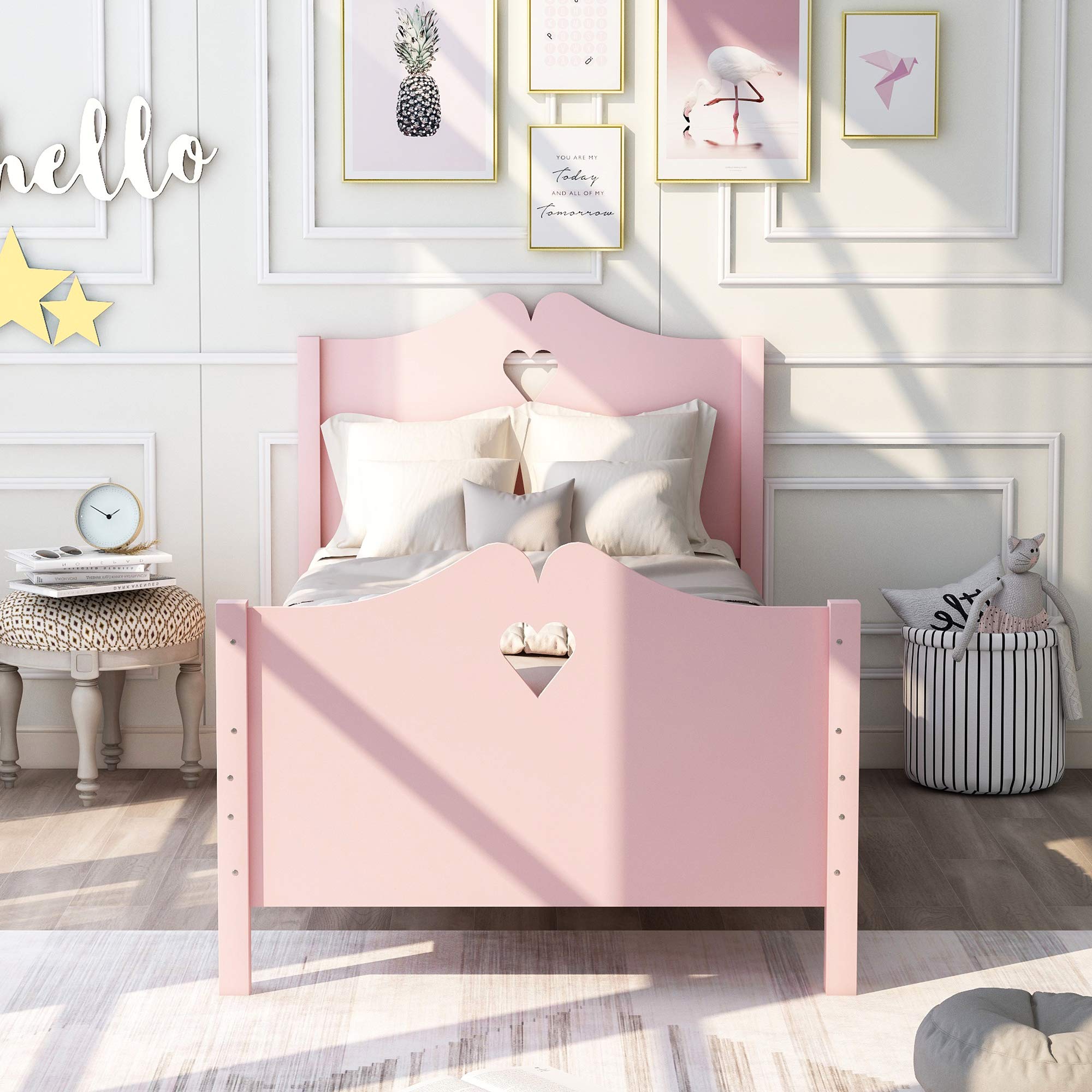 Pink Twin Wooden Bed Frame with Headboard and Footboard for Kids - Sturdy Platform Bed for Girls and Boys, No Box Spring Needed - Perfect for Bedrooms, Guest Rooms, and Kids' Rooms