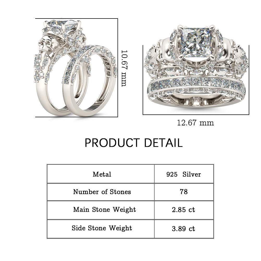 Jeulia Skull Engagement Ring Set - Sterling Silver Eternity Band with Princess Cut Cubic Zirconia - Wedding, Anniversary & Promise Rings for Her - Perfect Bridal Jewelry Gift for Proposals & Special Occasions