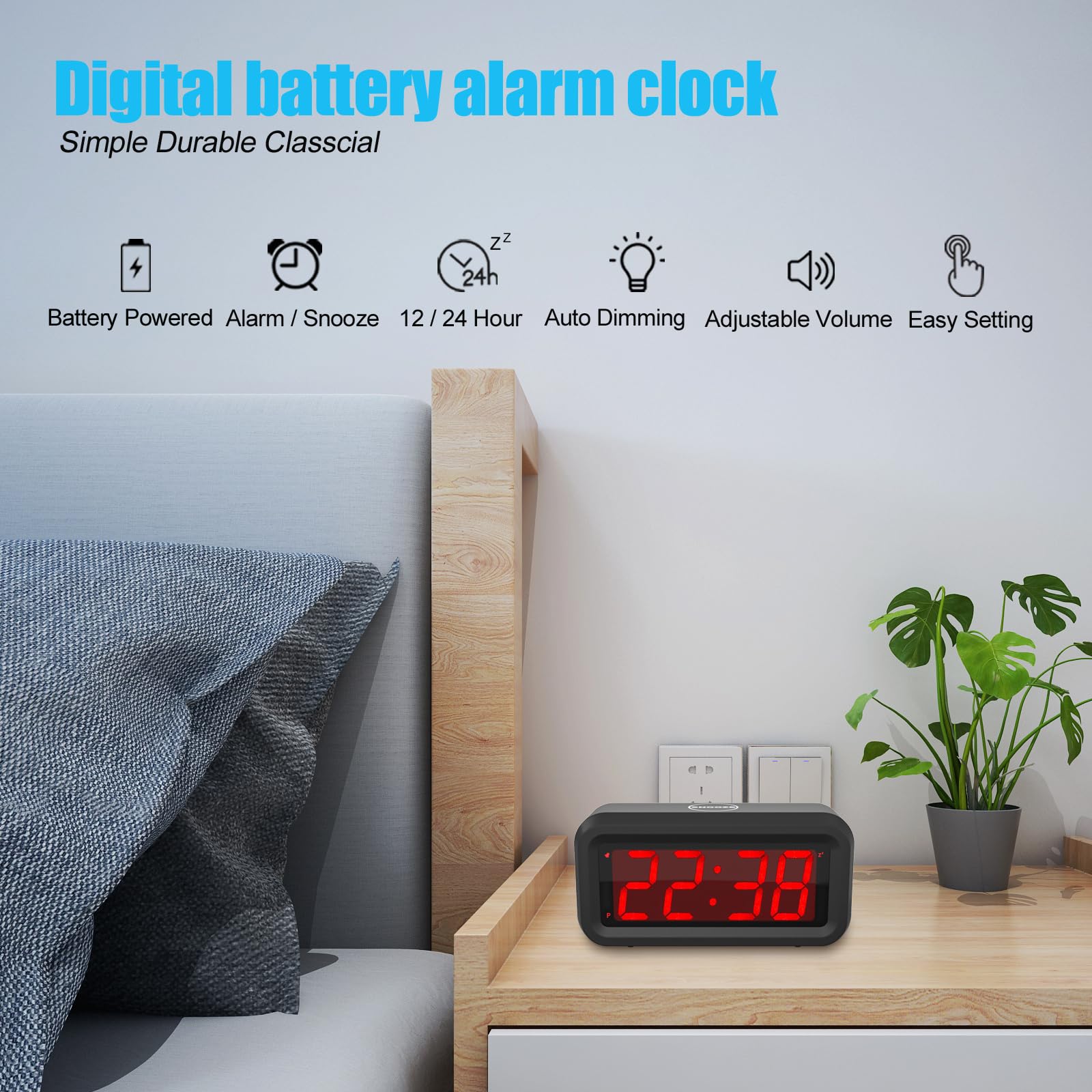 Digital Alarm Clock with LED Large Display - Battery Operated, 2-Level Brightness Dimmer, Lasts 12+ Months on 4 AA Batteries - Perfect for Kids, Teens, Bedroom & Nightstand Use