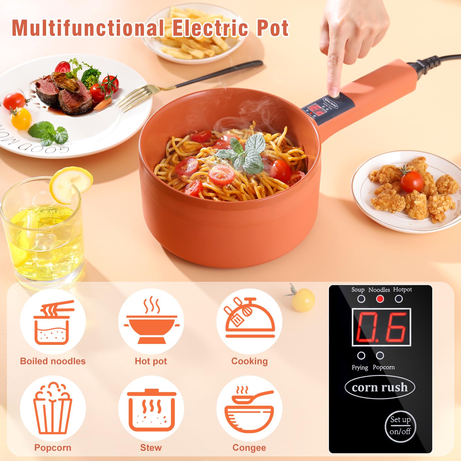 Upgraded 1L Multifunctional Electric Hot Pot Cooker - Non-Stick Stainless Steel Mini Portable Ramen Popcorn Maker with Adjustable Temperature & Long Handle for Steak, Egg Soup | Perfect for Camping, Travel & Dorm Cooking (Orange)