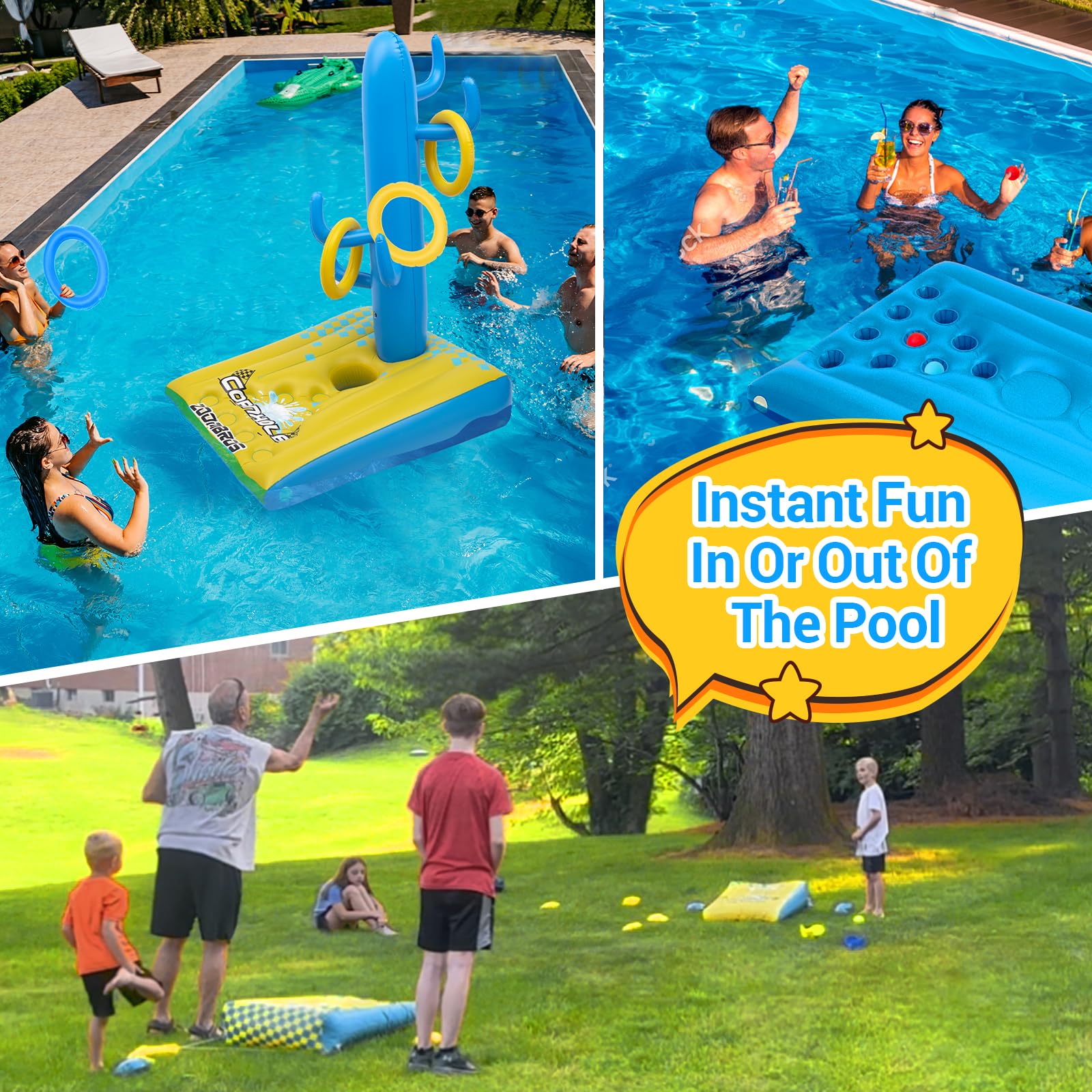 2-in-1 Inflatable Cornhole & Ring Toss Game Set with 6 Bean Bags - Floating Pool Party Games for Adults, Teens and Family - Perfect for Backyard BBQs, Beach Parties and Summer Fun