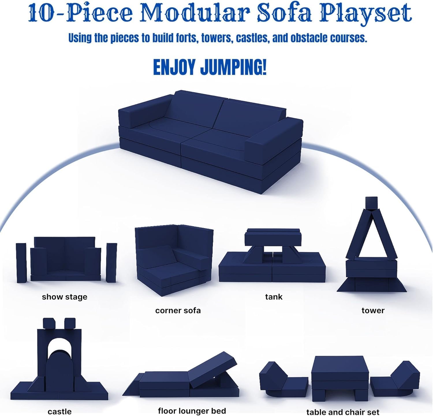 MeMoreCool Modular Kids Play Couch - 10 Piece Foam Lounge Sofa Set for Playroom & Toddler Bed | Navy Blue Block Couch for Boys & Girls | Perfect for Playrooms, Daycare Centers & Kids Bedrooms