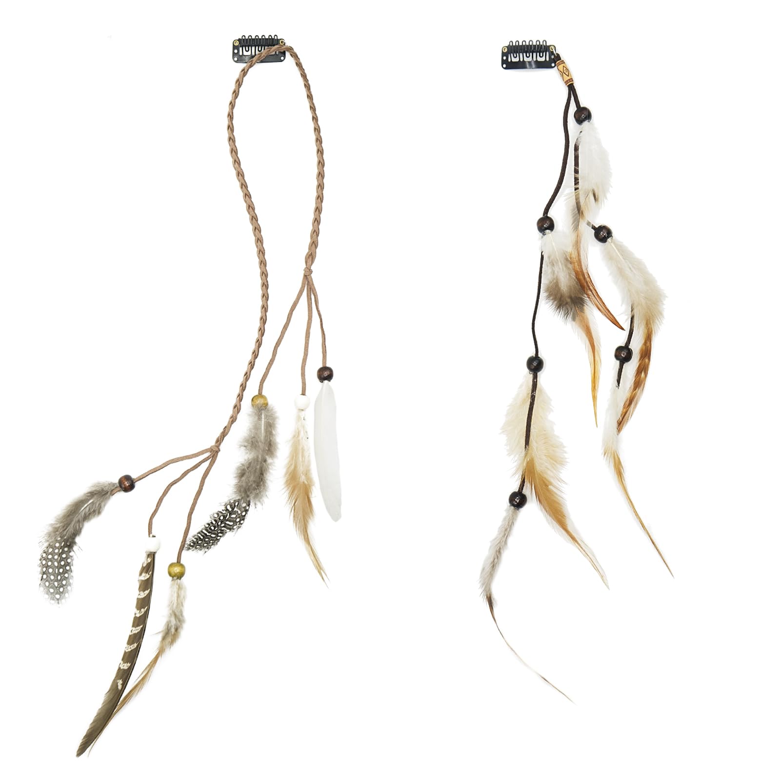 Handmade Boho Hair Clips with Feather Extensions - 13 Inch Natural Colorful Vintage Hair Accessories for Women, Party Decor, DIY Crafts, Festival & Cosplay Costume