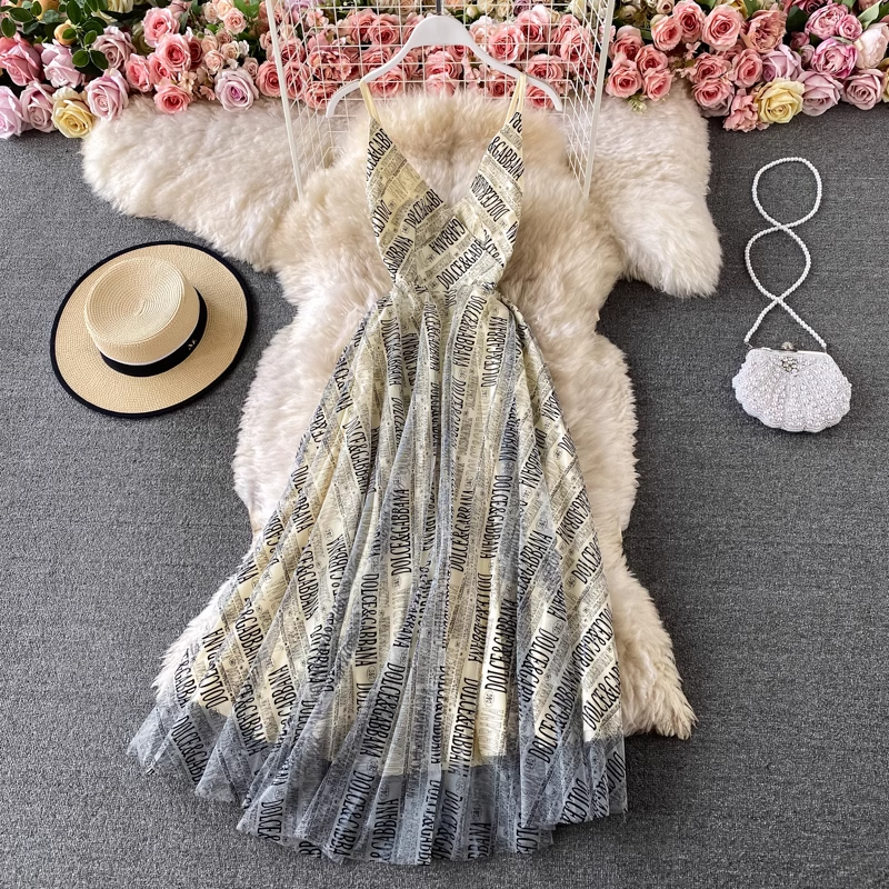 Vintage Letter Printed Mesh Spaghetti Strap A-Line Summer Dress - Perfect for Beach Vacations, Date Nights & Casual Outings