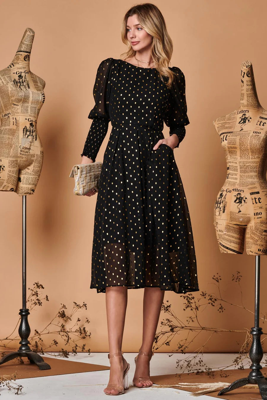 Elegant Metallic Chiffon Puff Sleeve Midi Dress in Black - Perfect for Evening Parties, Weddings & Special Occasions