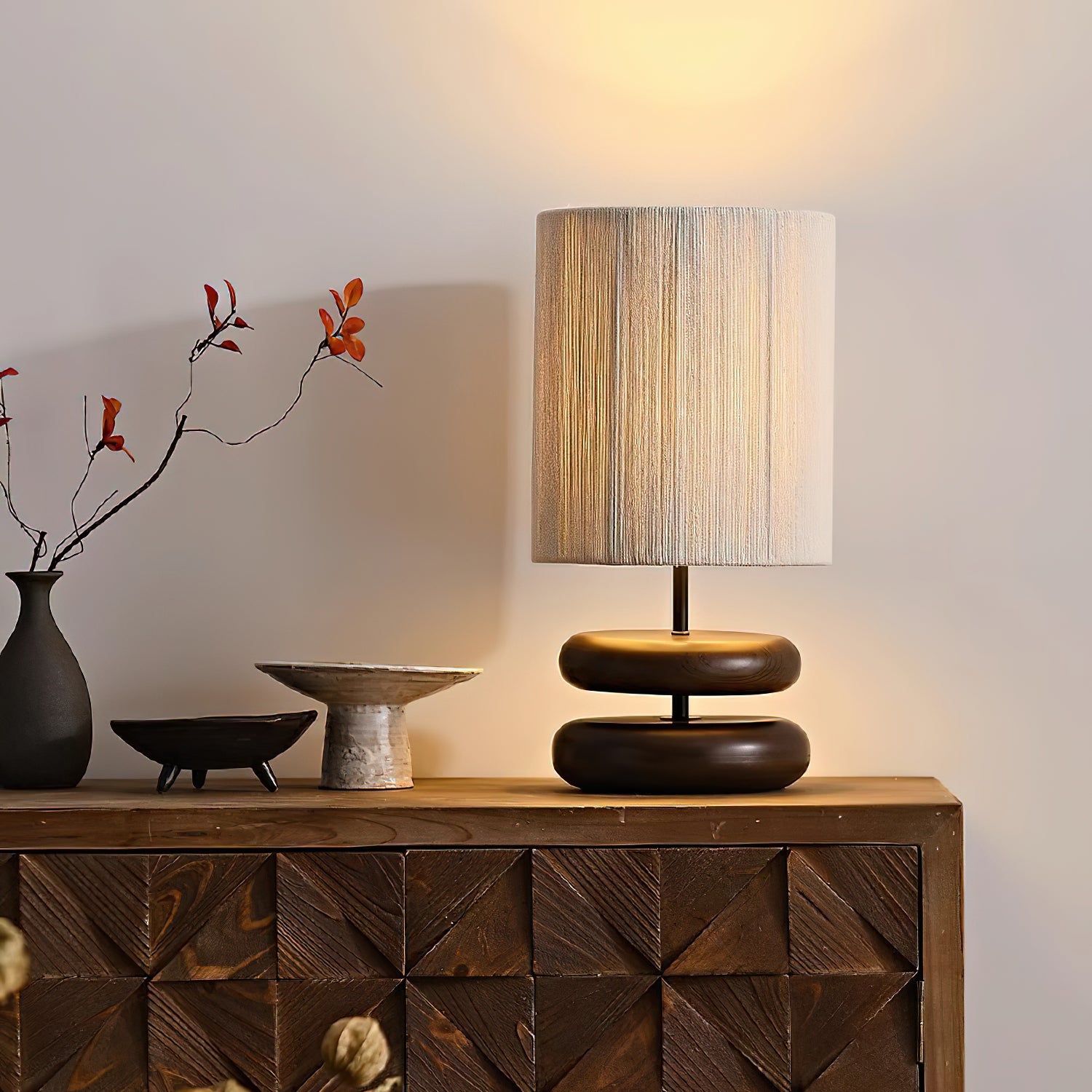 Modern Nora Wood Table Lamp - Handcrafted Solid Wood Base with Fabric Shade for Bedroom, Living Room & Office Decor