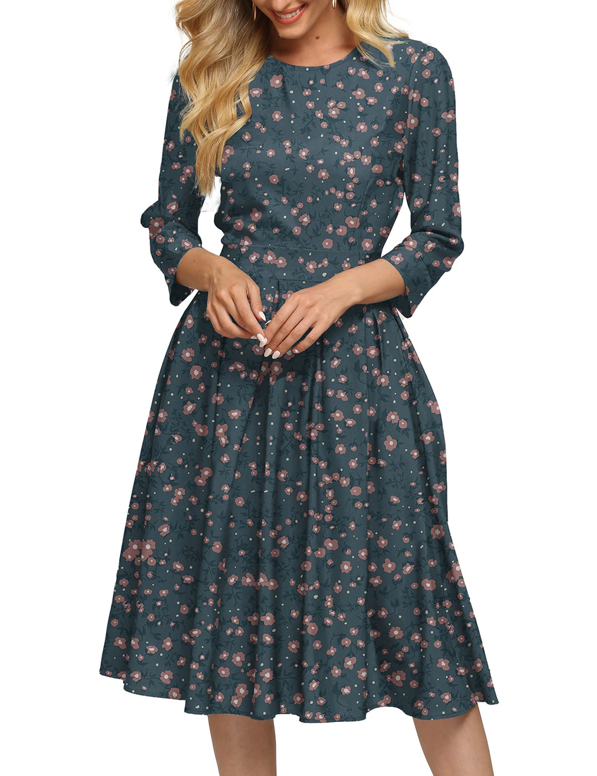 Vintage Floral Midi Dress for Women - Elegant 3/4 Sleeve Evening Gown | Perfect for Cocktail Parties, Weddings & Formal Events