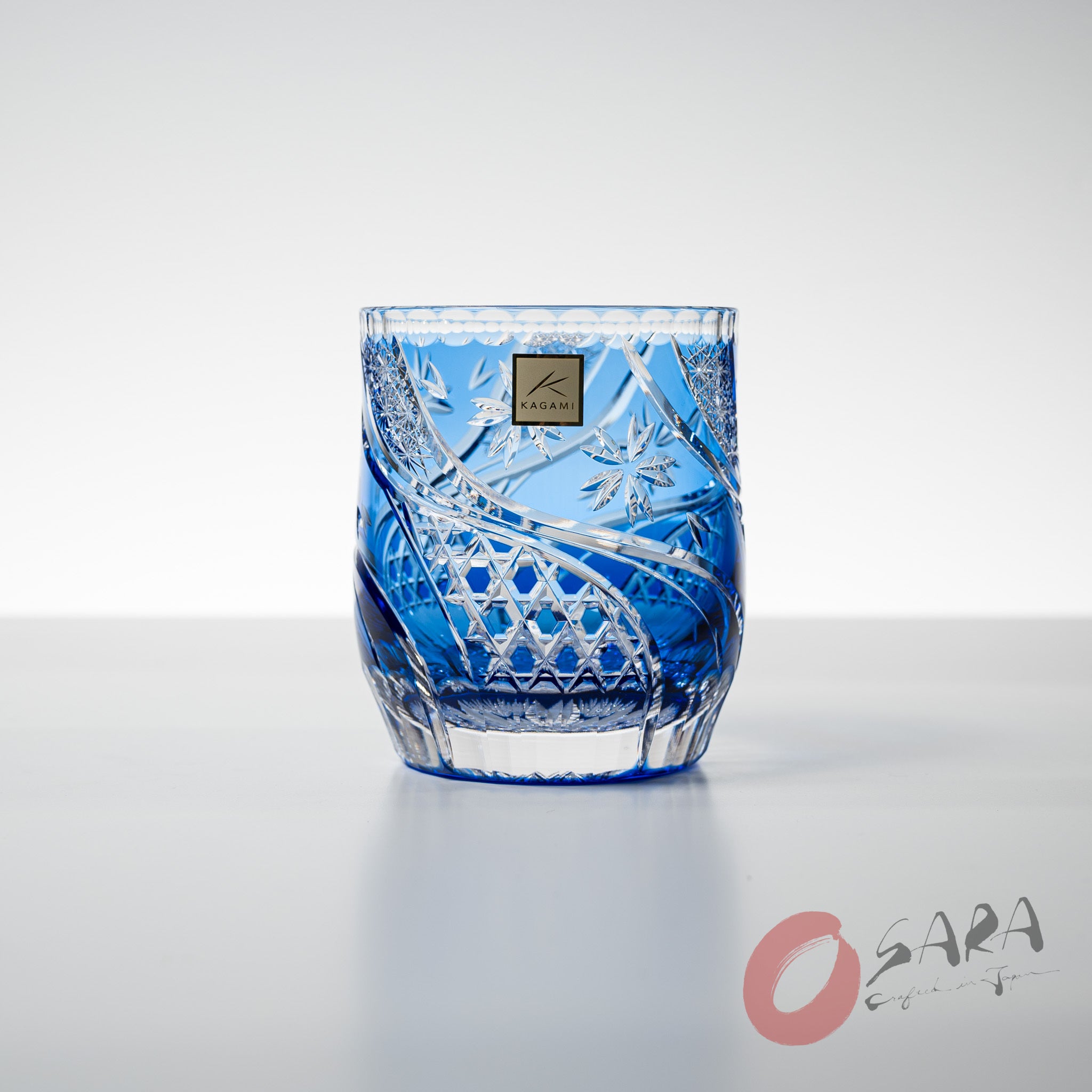 KAGAMI Crystal Edo Kiriko Rock Glass - Handcrafted Japanese Cut Glass Whiskey Tumbler with Floating Cherry Blossoms Design - Elegant Blue Drinking Glass for Cocktails, Whiskey & Home Bar Decor