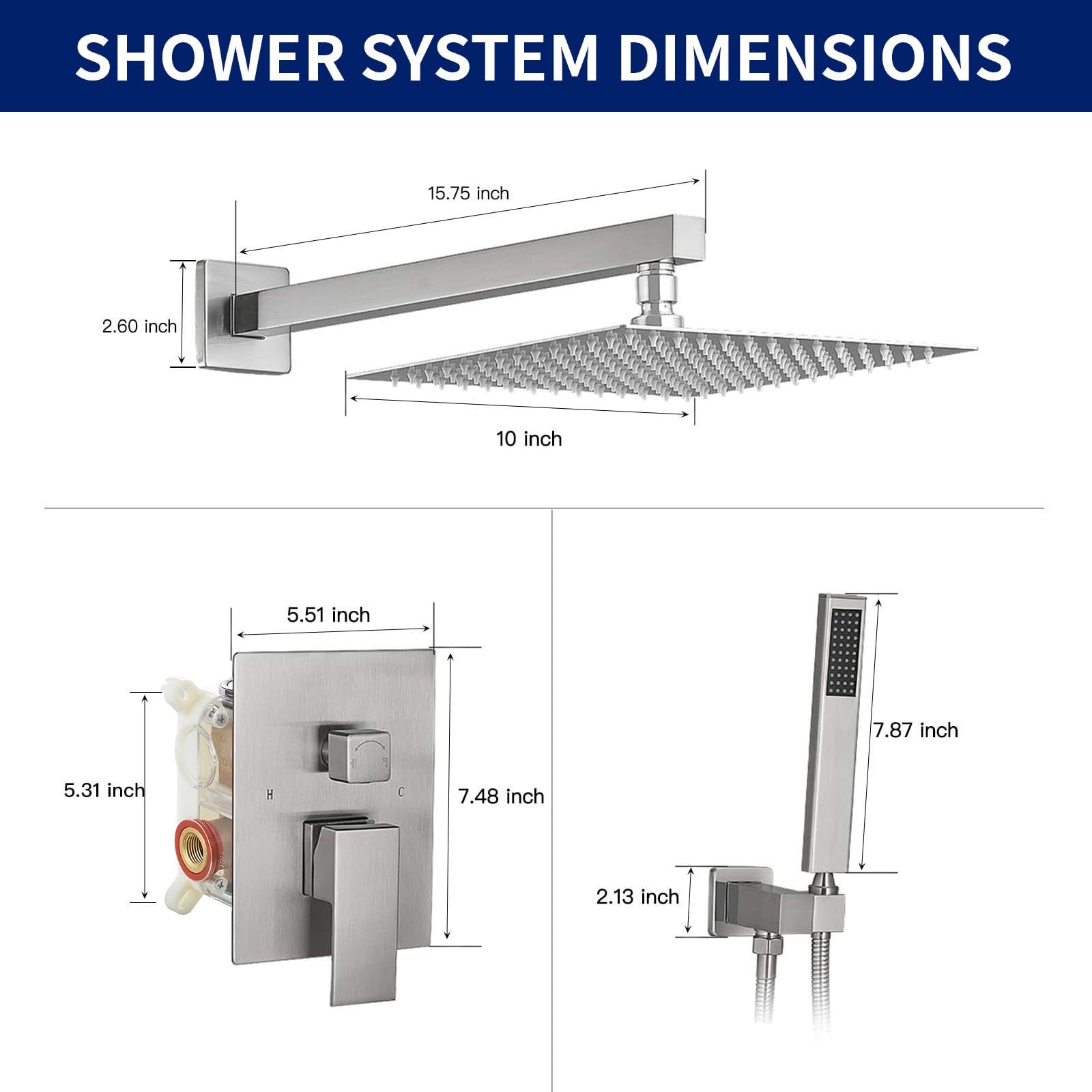 BWE 10 Inch Square Luxury Rain Shower System - Brushed Nickel Wall Mounted Shower Combo Set with Rainfall Head, Mixer Valve & Trim Kit | Perfect for Modern Bathroom Renovation & Spa-Like Shower Experience