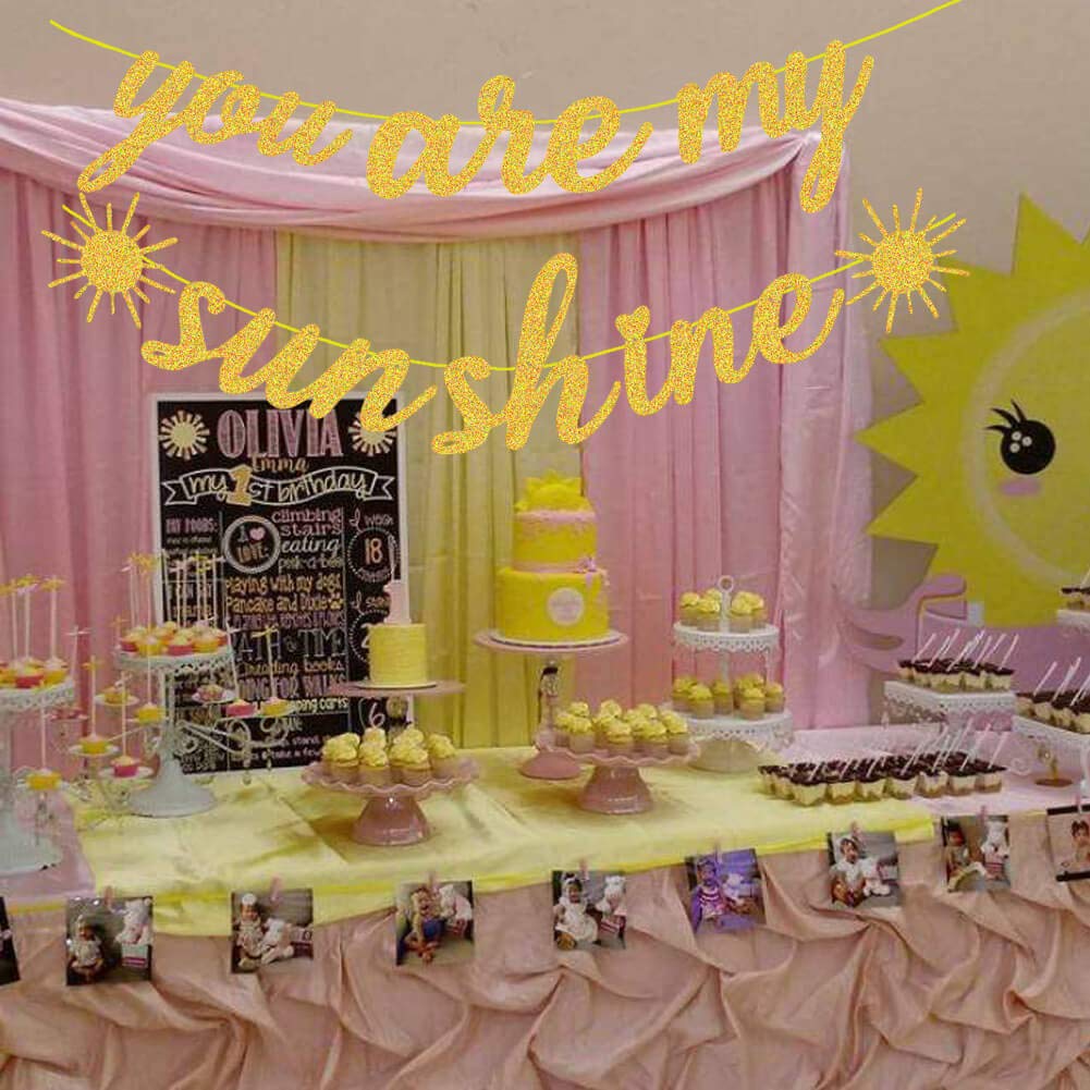 Gold Glitter You Are My Sunshine Banner & Cake Topper Set - 1st Birthday Party Decorations for Boys, Baby Shower, Sunflower Theme - Perfect for Outdoor Celebrations & Photo Backdrops