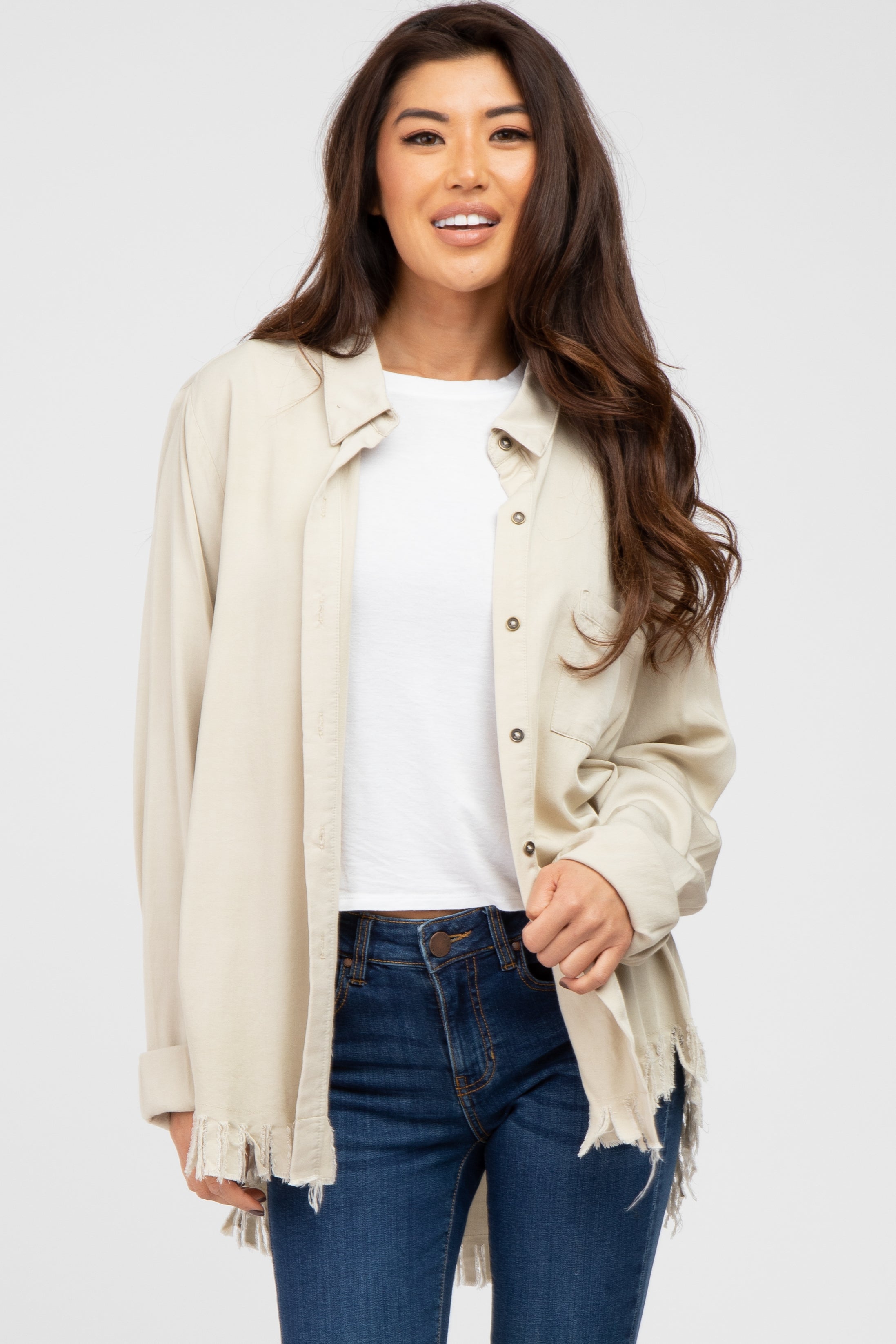 Distressed Beige Hi-Low Button-Up Blouse for Women - Vintage Boho Chic Shirt for Casual Outfits & Layering